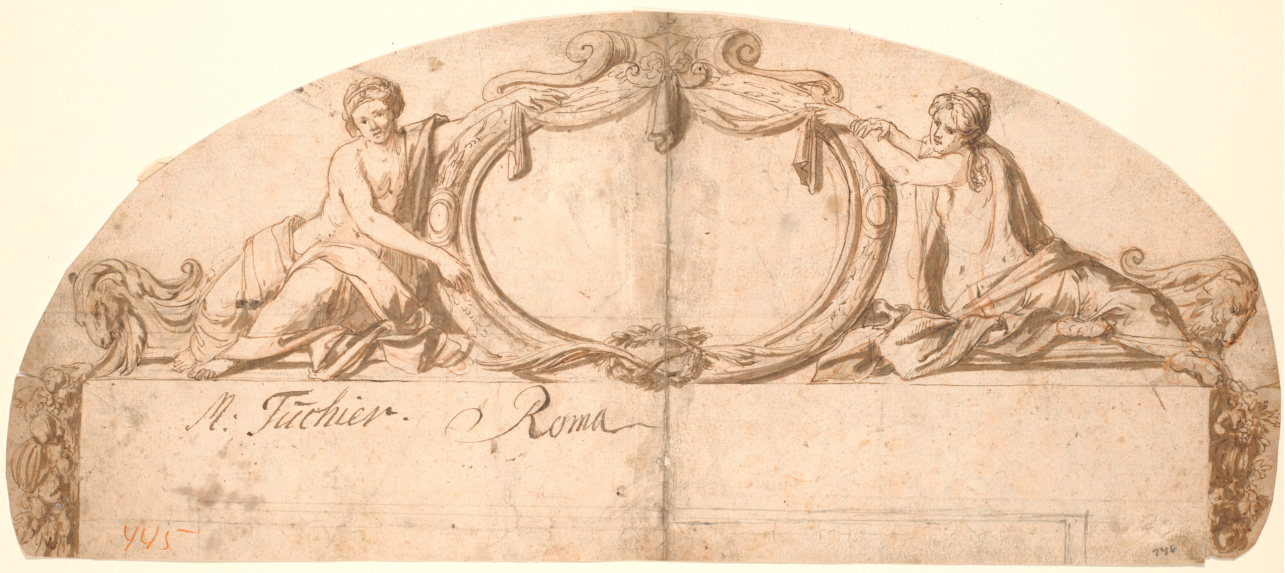 Dekorativt udkast. Kartouche holdt af to siddende kvinder