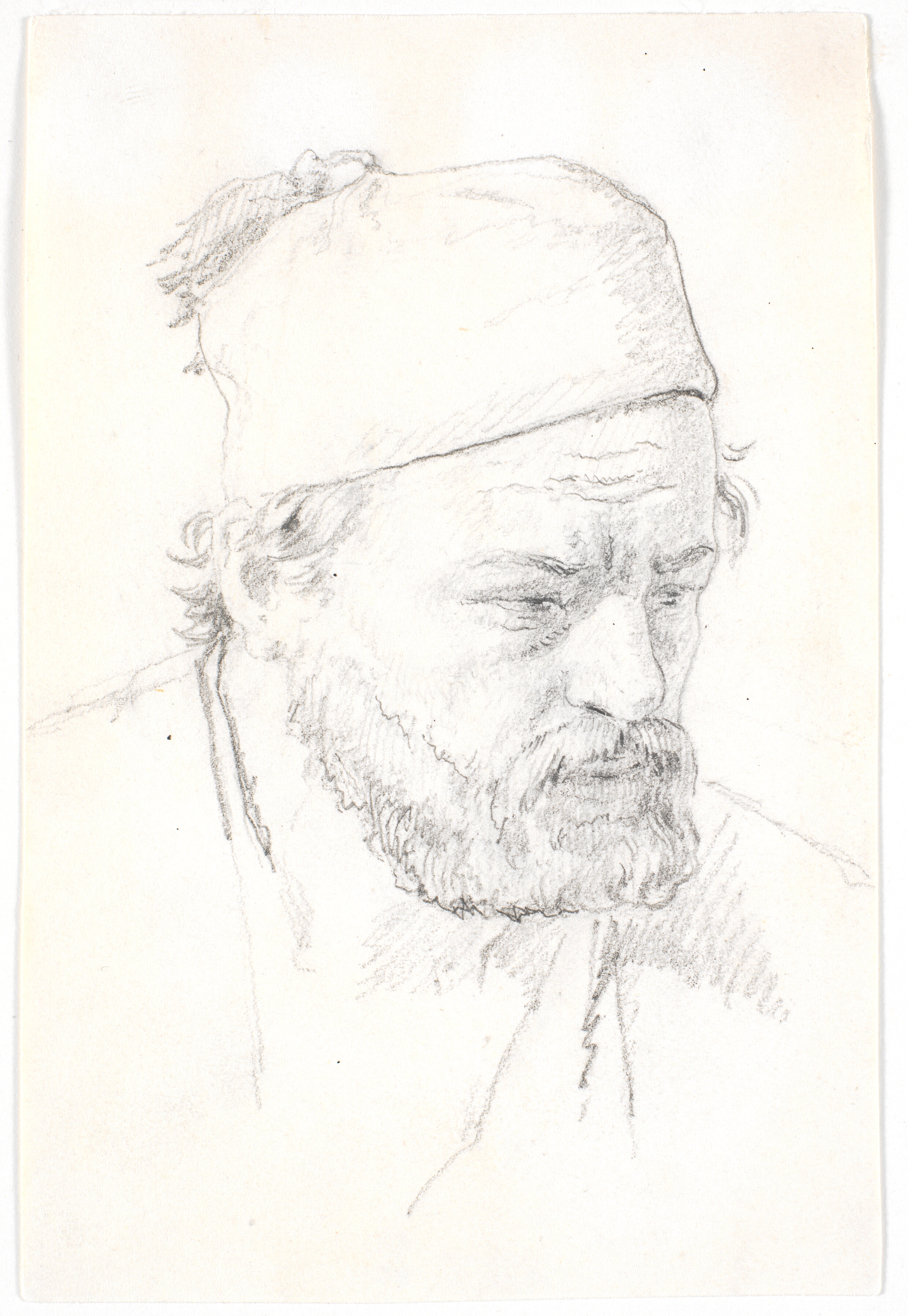 Skægget mandsportræt, trekvart profil mod højre, med fez