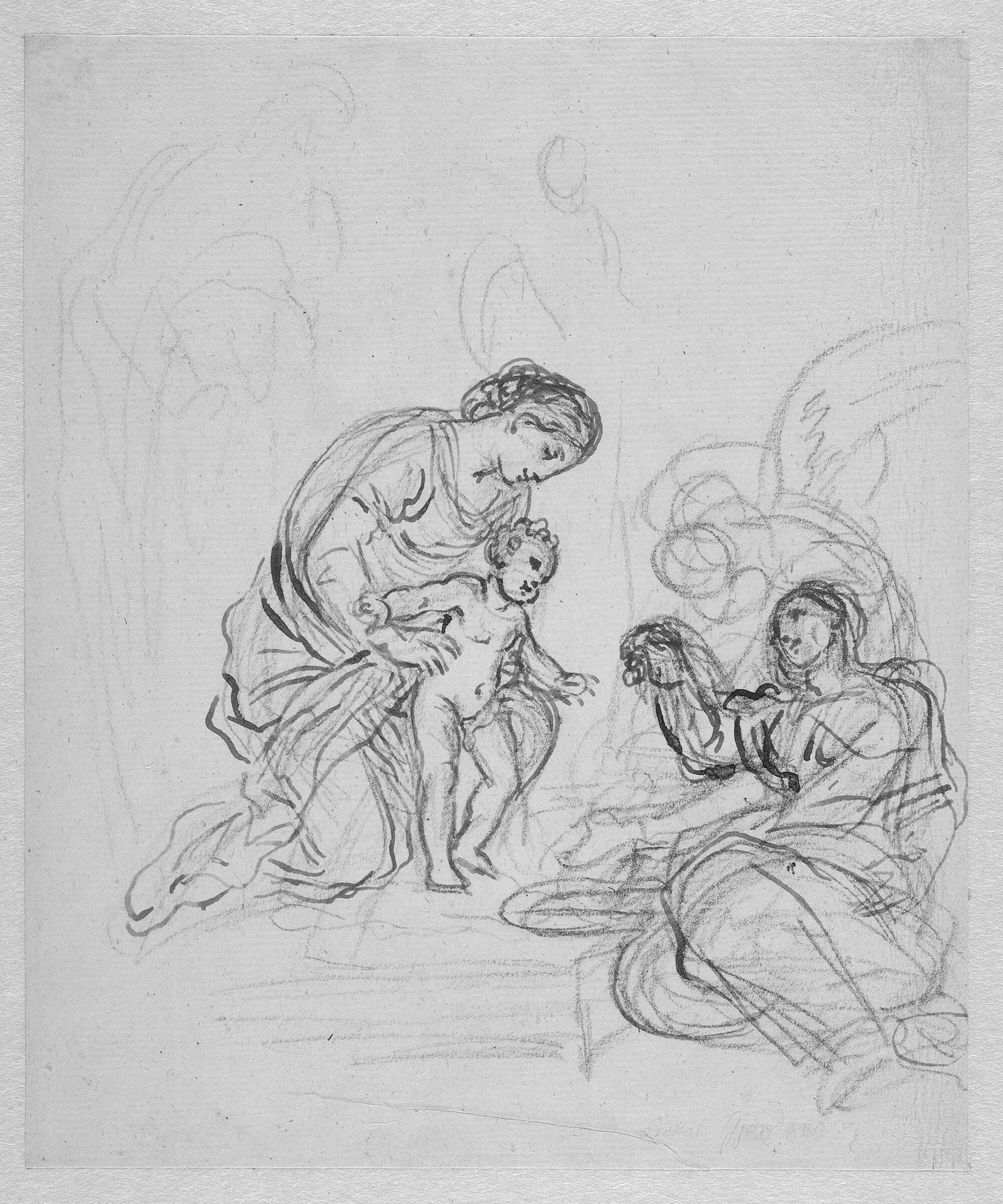 Jomfru Maria og barnet med en knælende kvindelig helgen og tre svagt skitserede figurer, en af dem af en engel