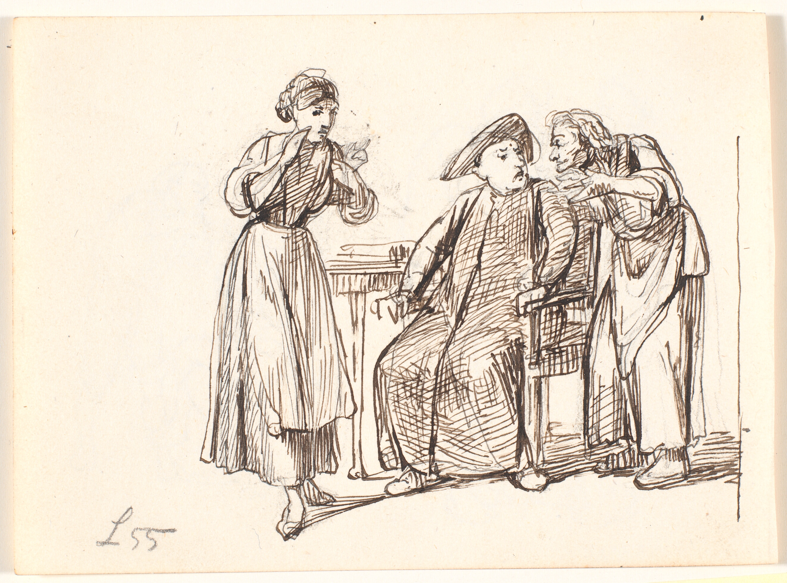 En gammel kvinde taler med en pater, t.v. ung kvinde