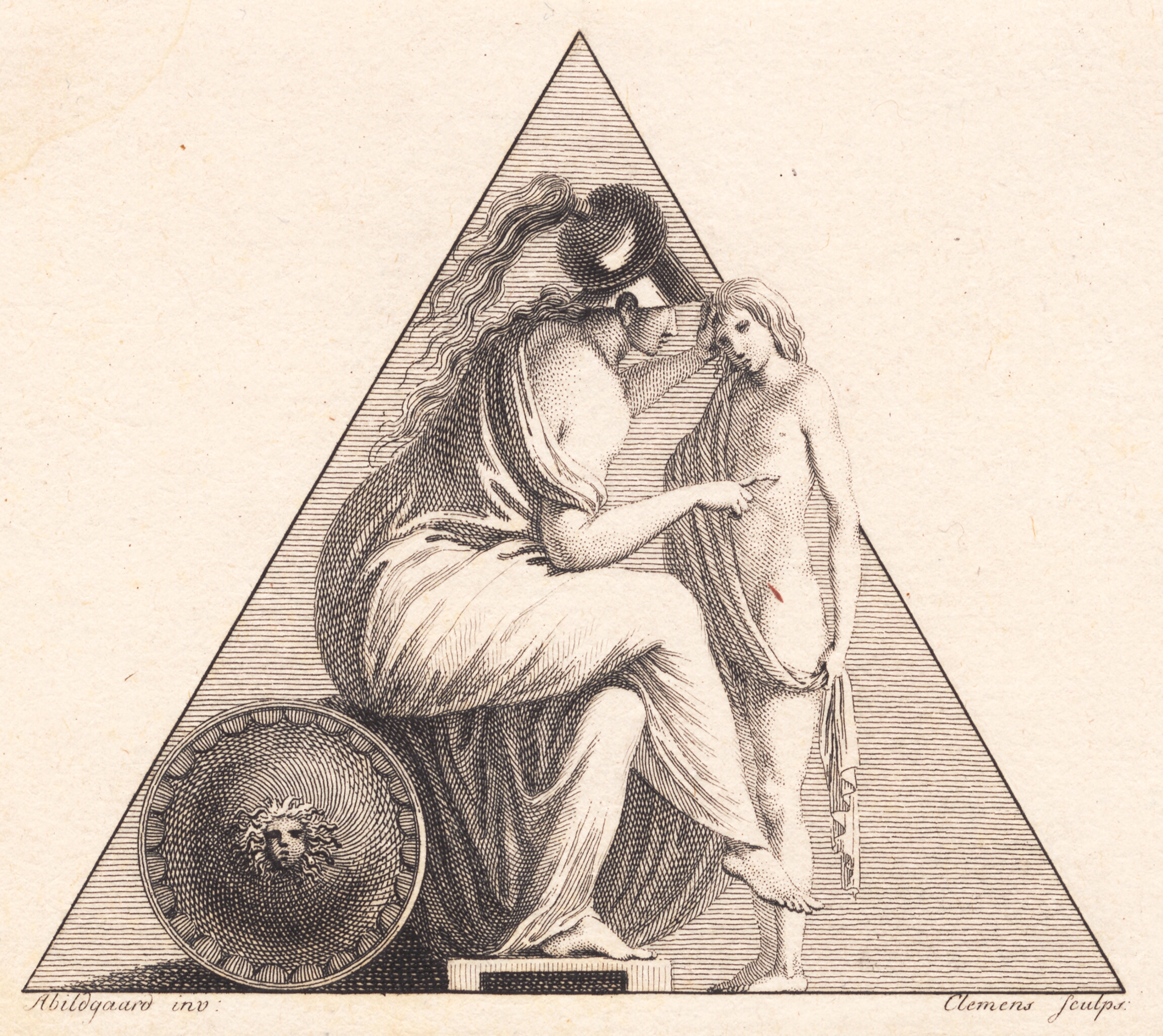 Vignet der fremstiller Pallas Athene der giver en ung mand livet