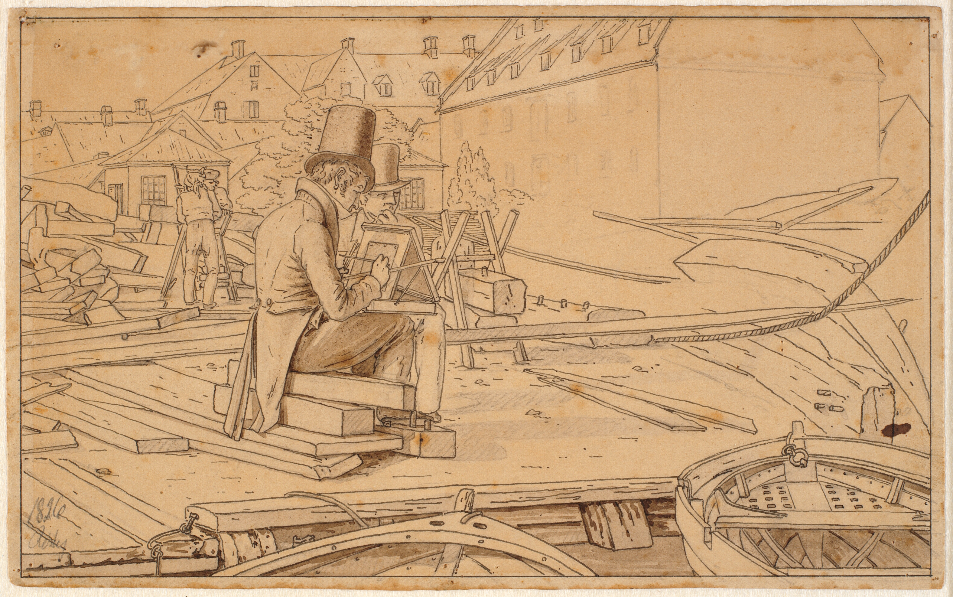 En kunstner malende ved et skibsværft