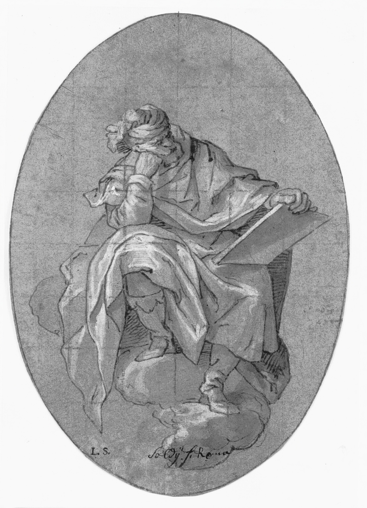 Mand med turban siddende med en tavle på en sky