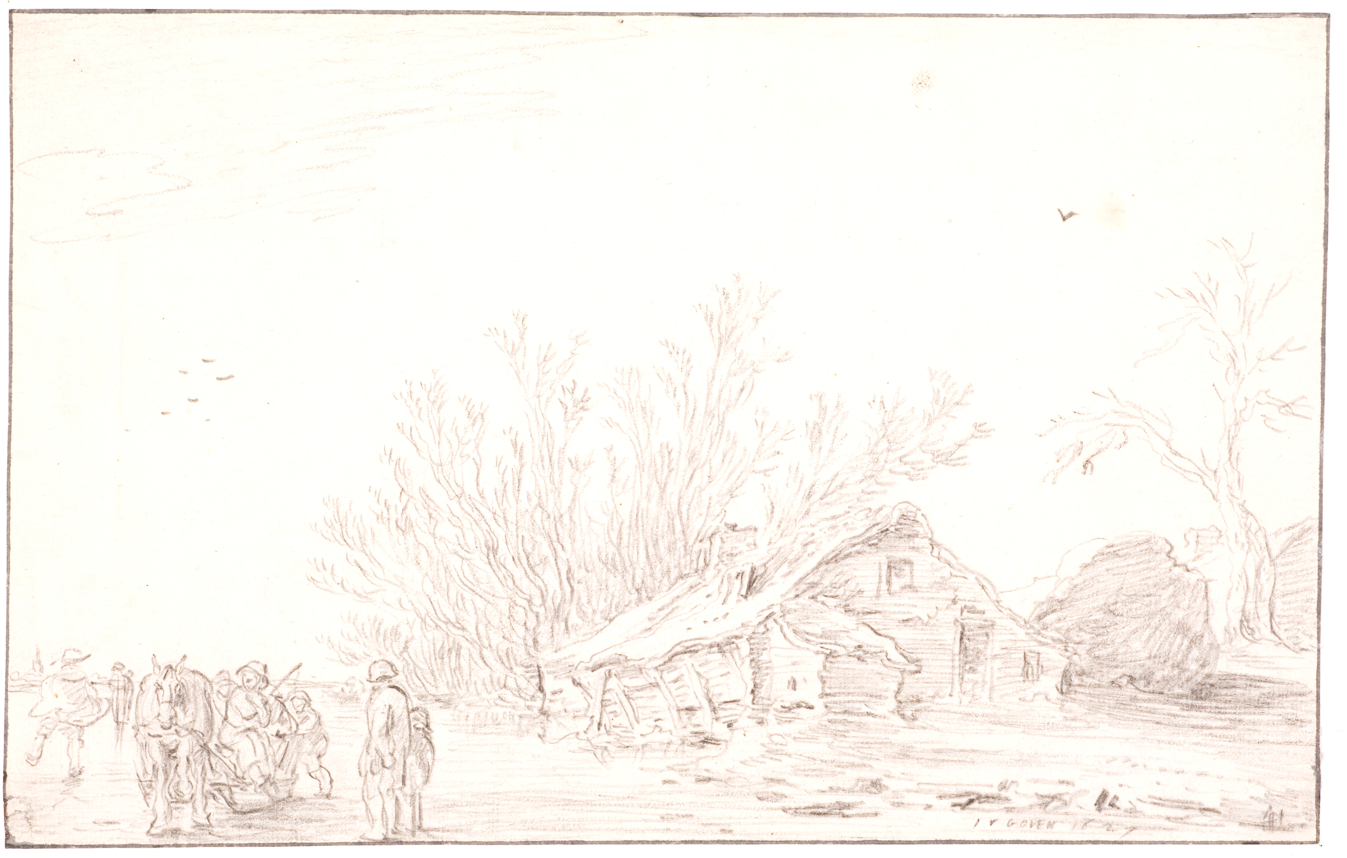 Vinterlandskab med skøjteløbere og bondehus