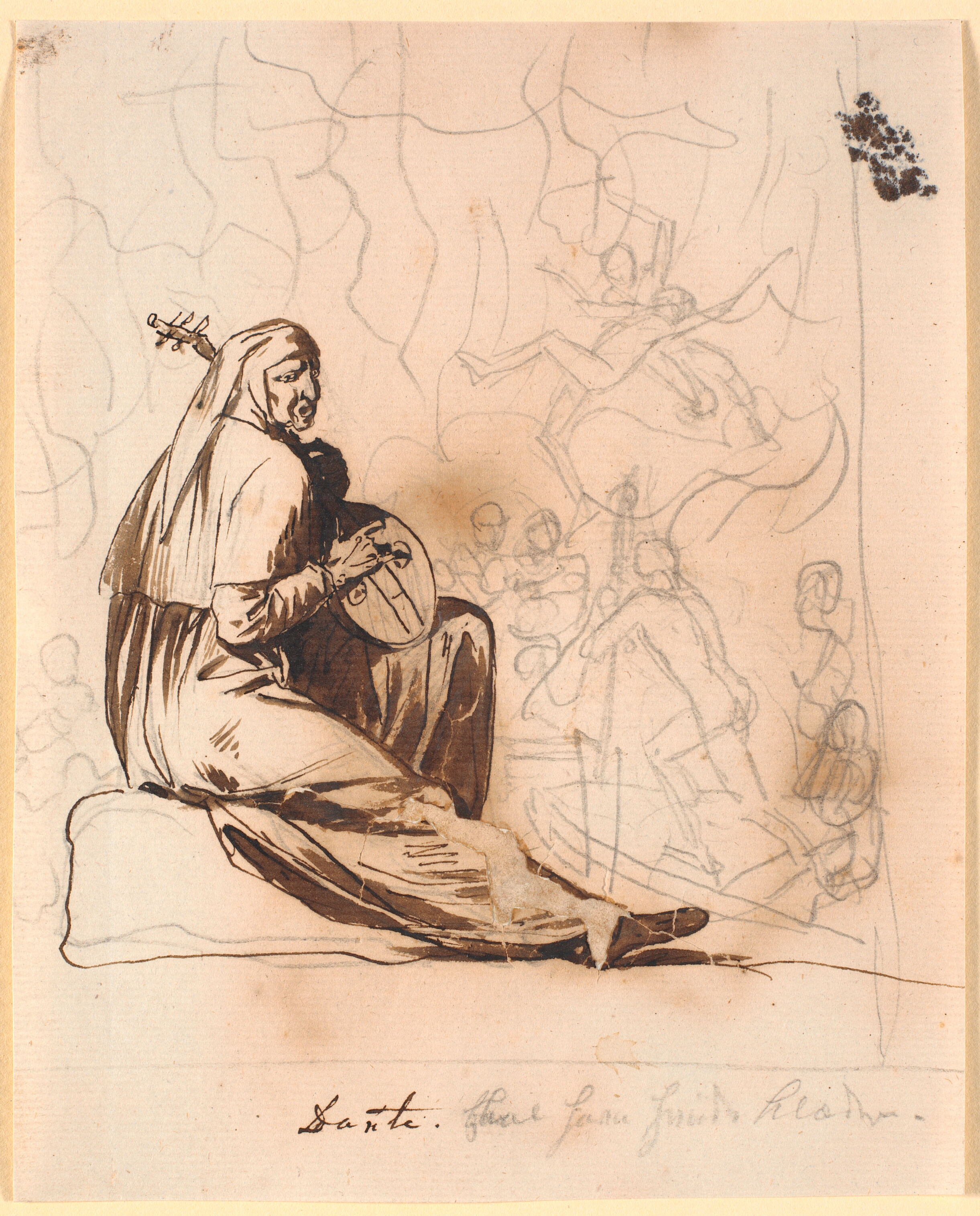 Dante siddende med en lut, i baggrunden figurer fra Inferno