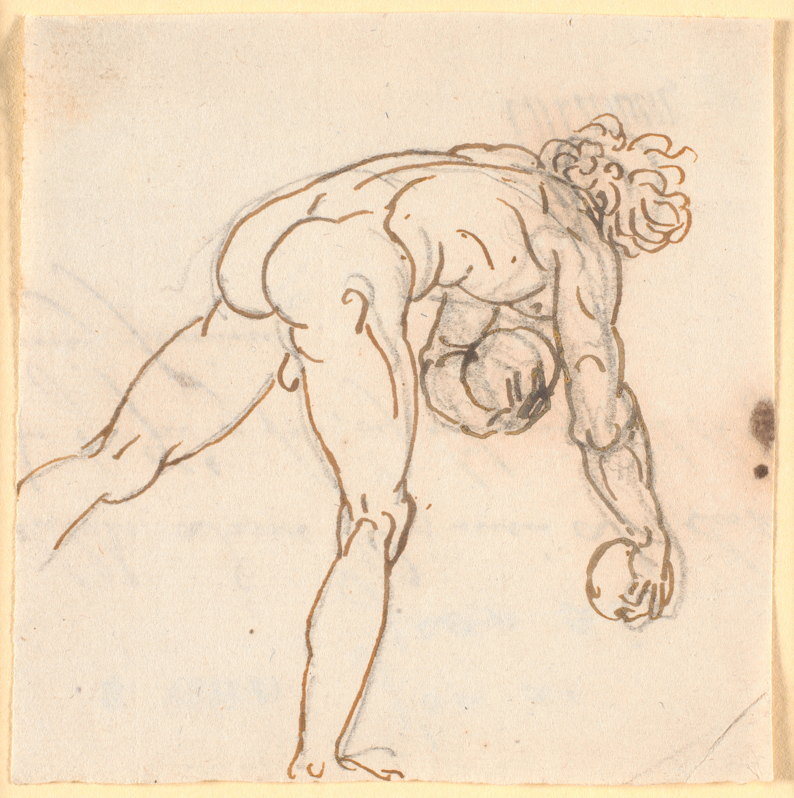 En løbende nøgen mand (keglespiller?) med sten i hænderne, set halvt fra ryggen