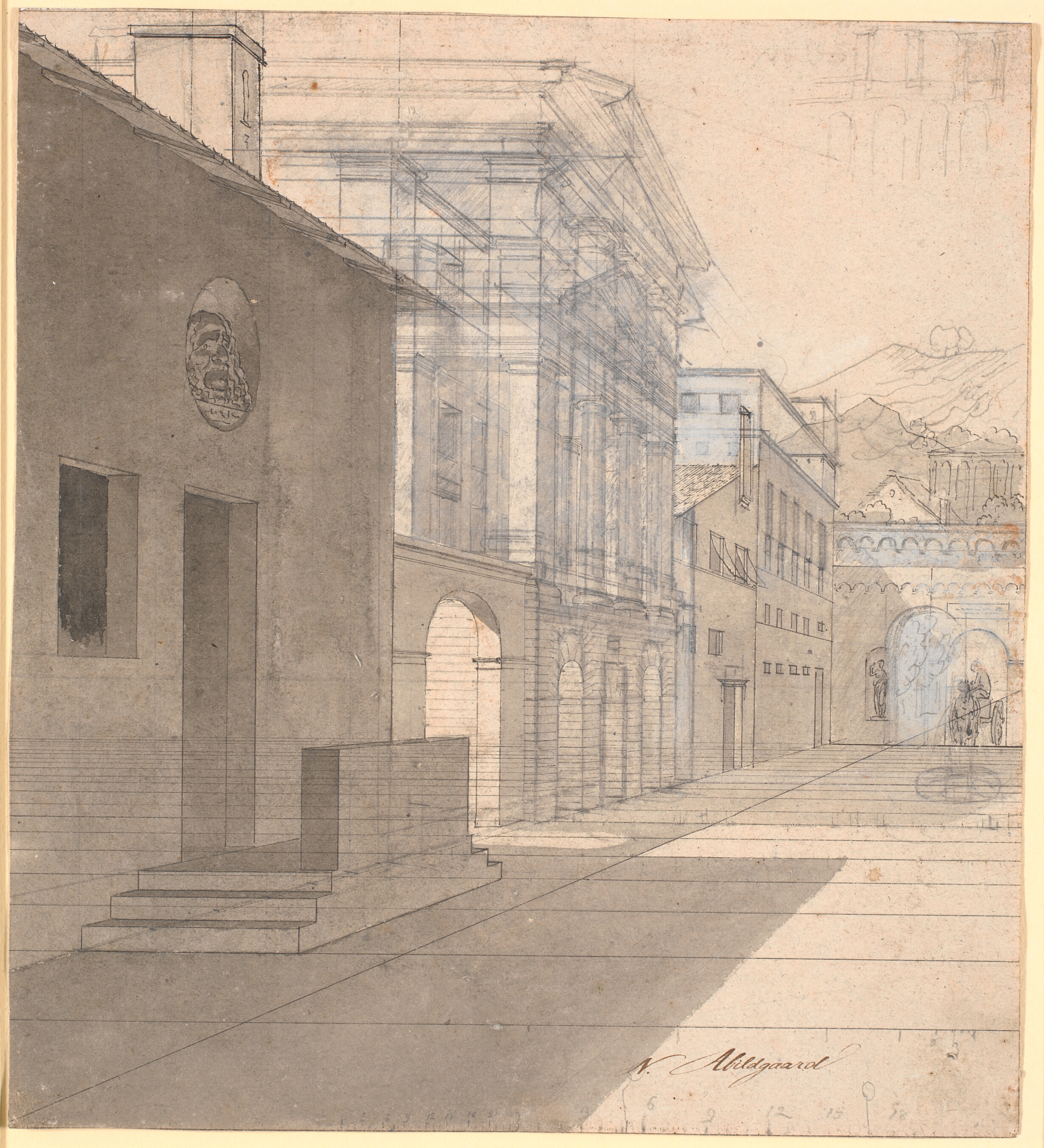 Perspektivisk studie til arkitekturen i billedet af jordemoderen der forlader Androspigens hus