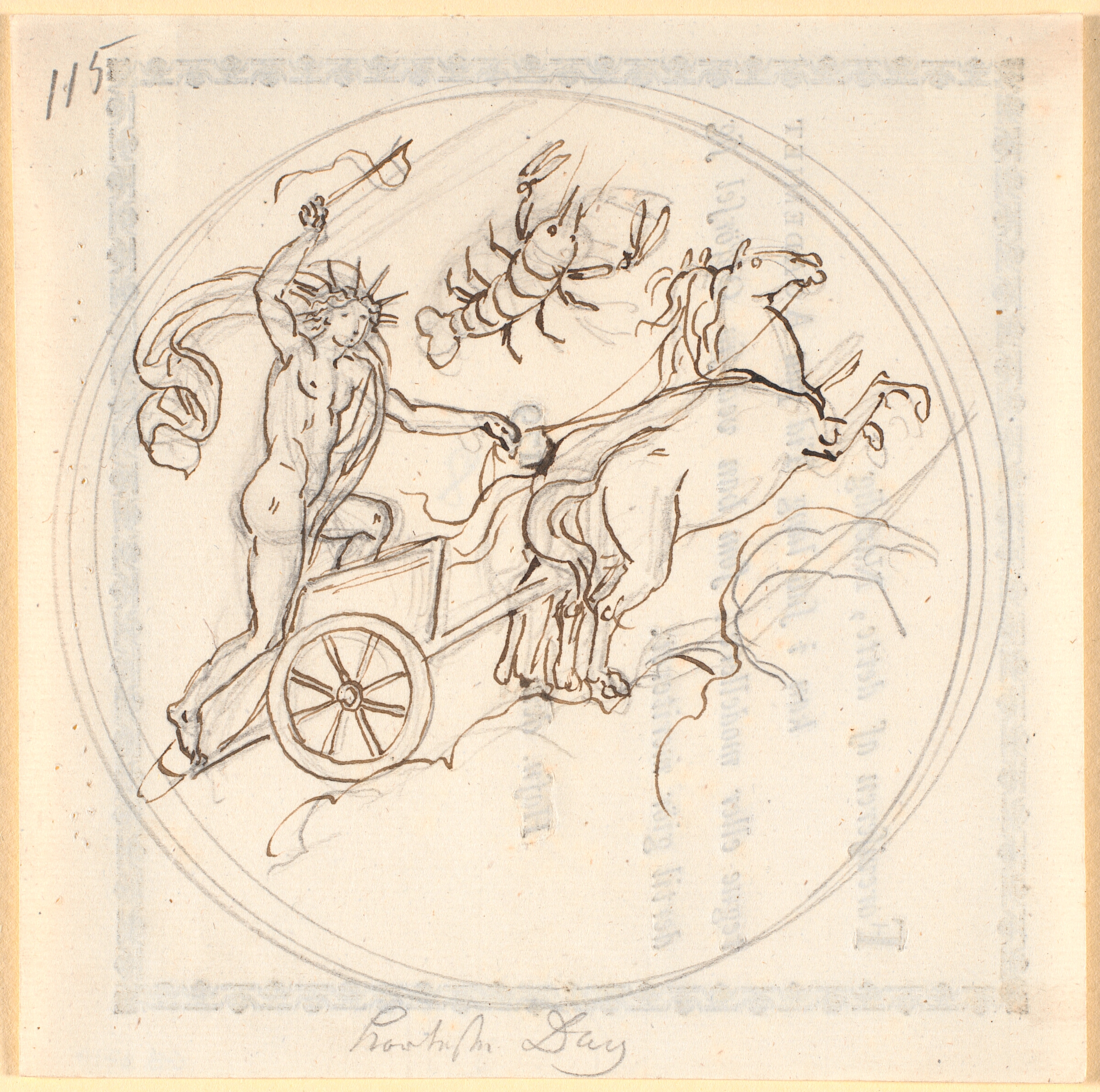 Apollo styrende sin solvogn opad; foroven Krebsens himmeltegn; cirkelrundt indrammet; fremstiller den korteste dag