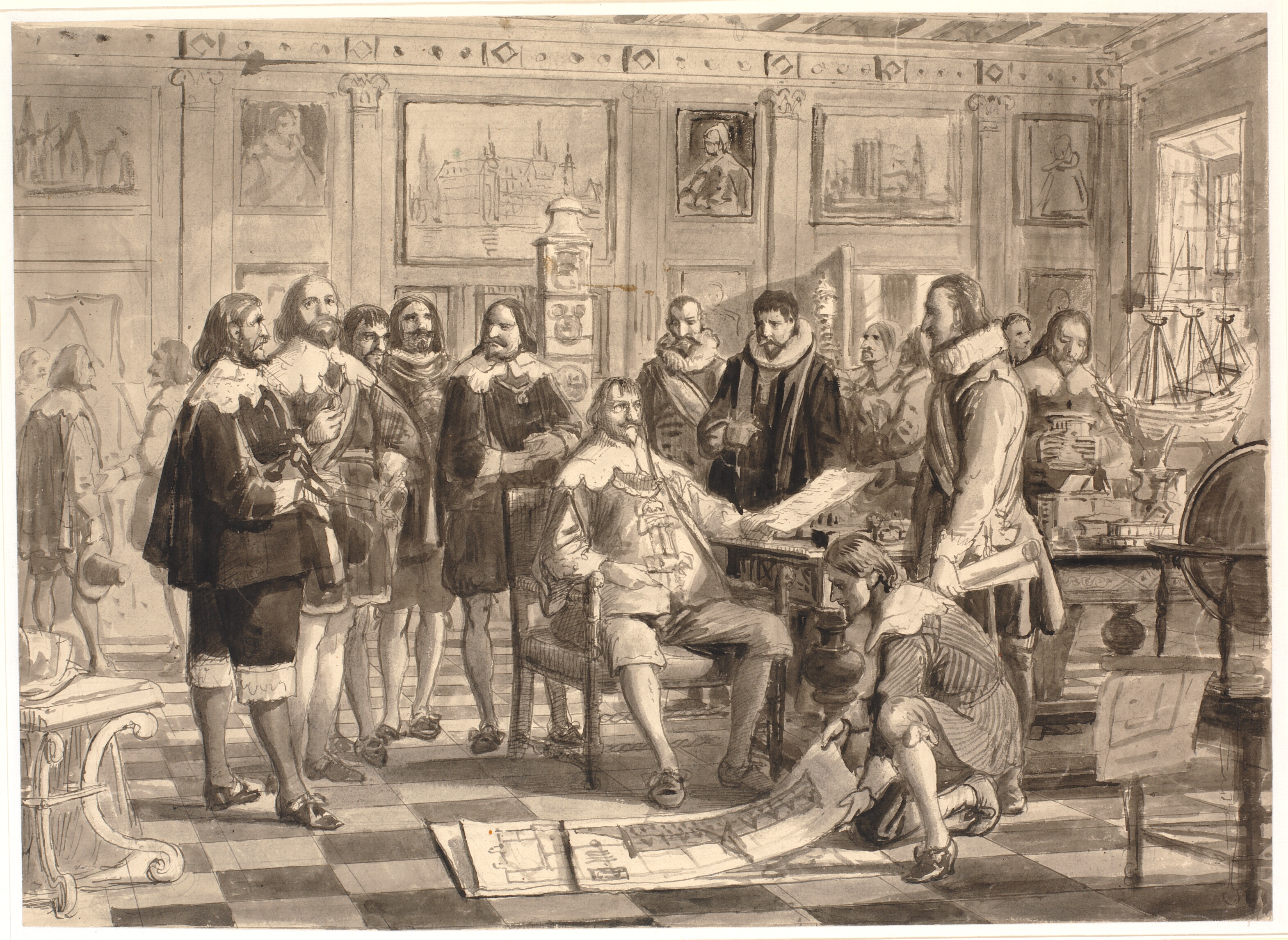 Planen til Børsen forevises Chr. IV i audienssalen på Rosenborg