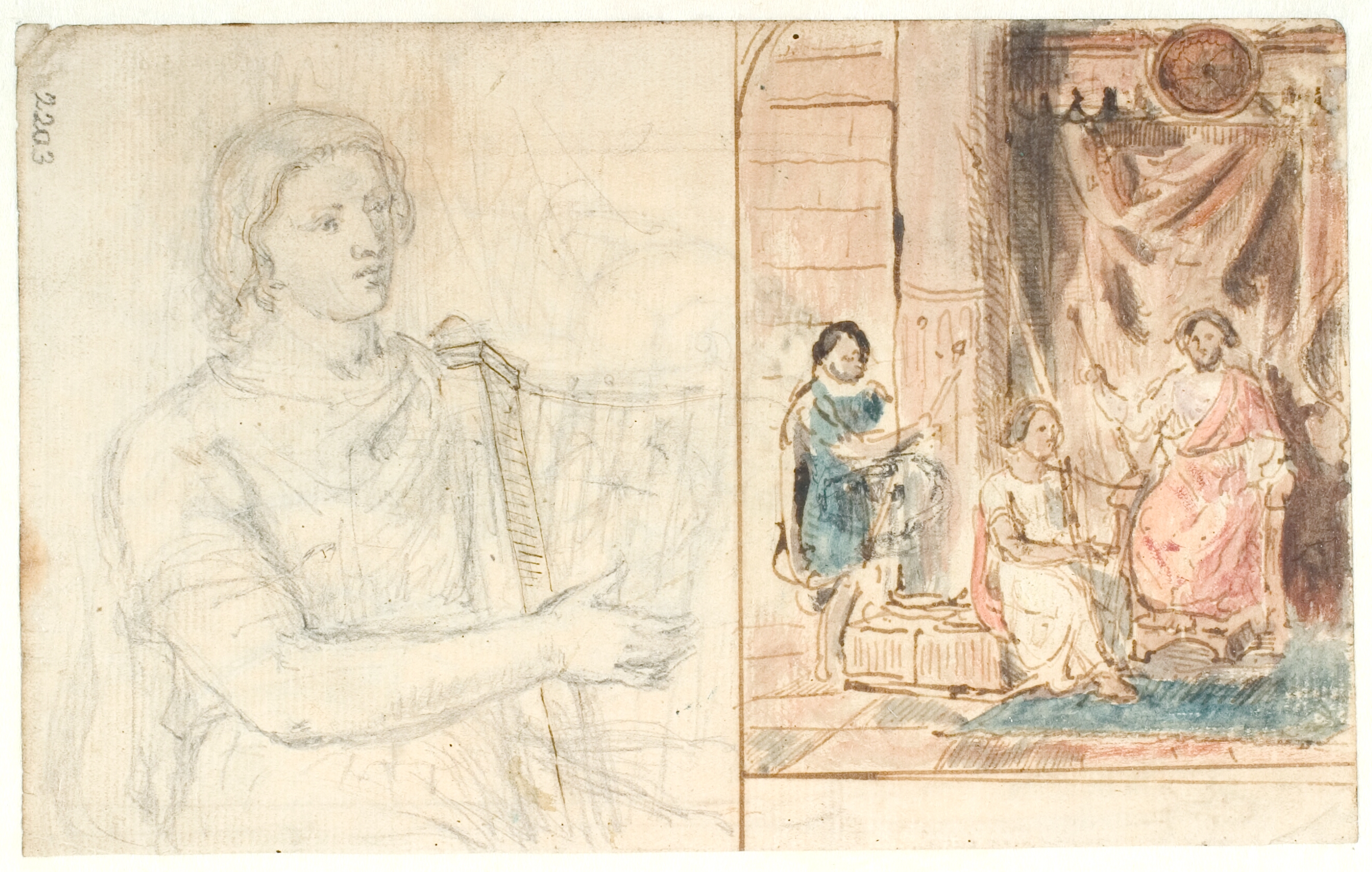 David spiller på harpe for Saul. T.v.: udkast til David-figuren