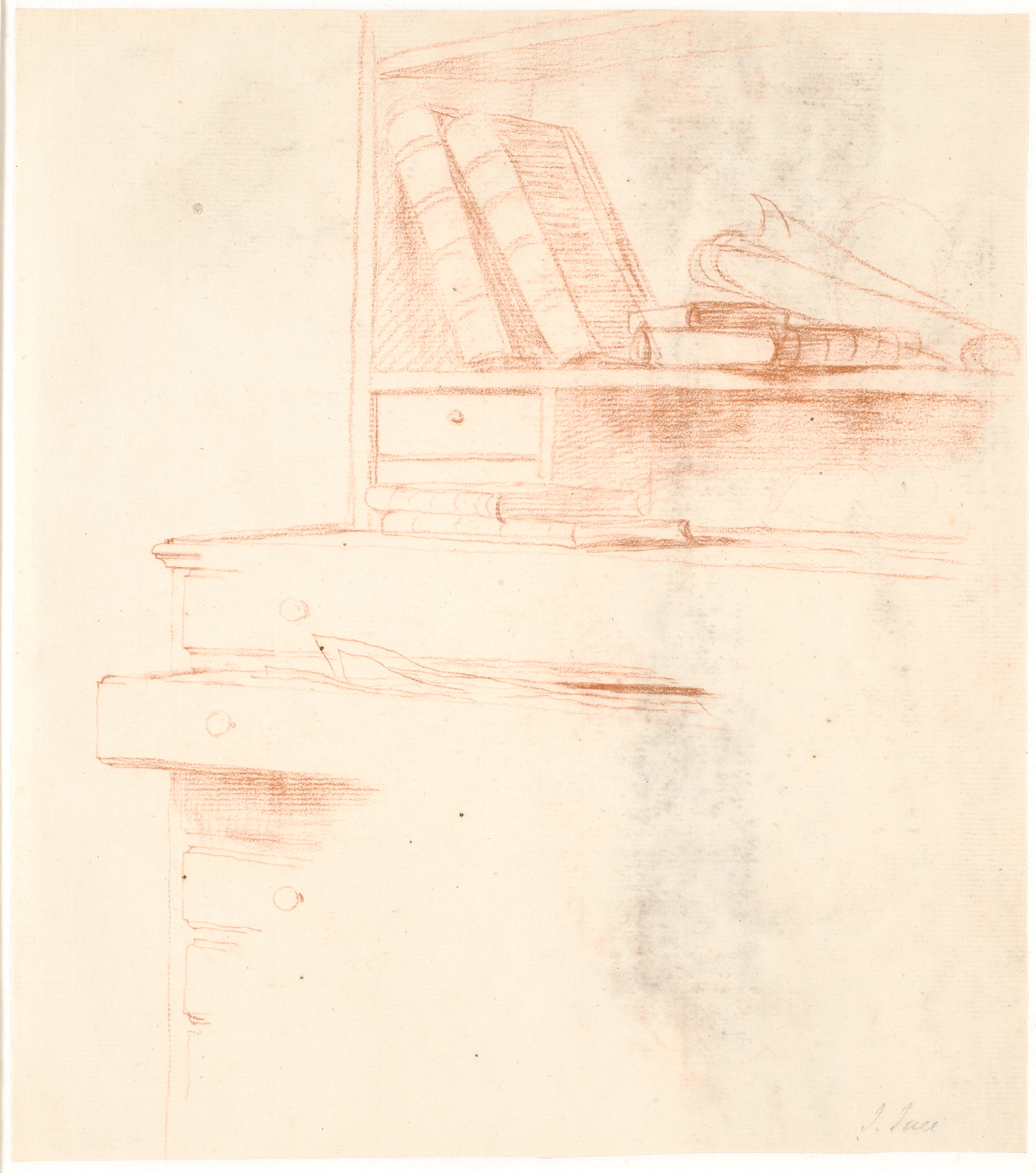 Et skuffemøbel med en boghylde, studie til dobbeltportrættet af Juel og hans kone ved staffeliet