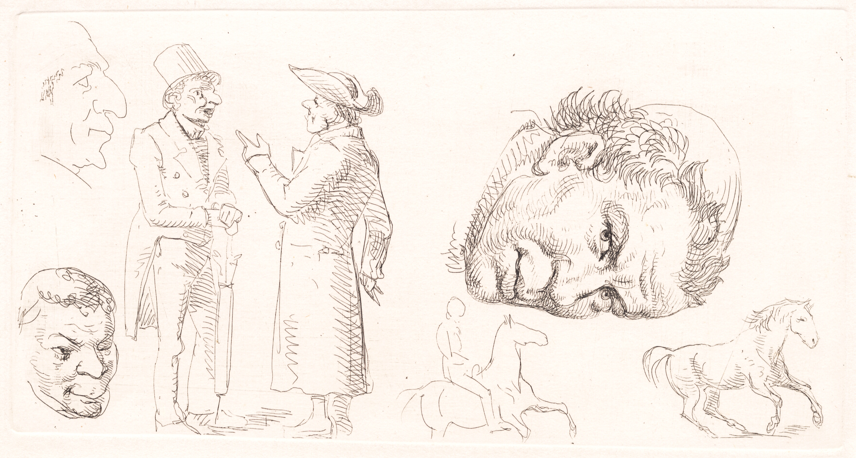 Andet prøveblad i stylografi med munkehoved, heste m.m.