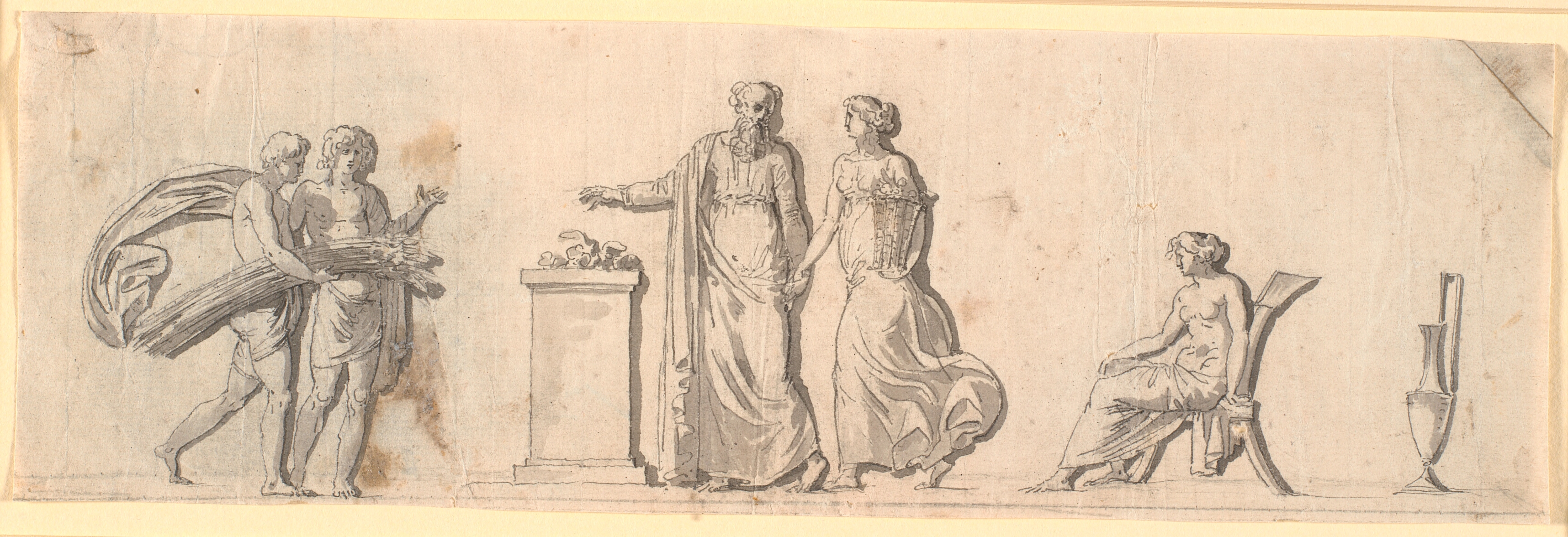 Udkast til dekoration af et felt, formodentlig en malet træplade på et møbel. Antikke figurer med blomsterkurve og neg ved et alter