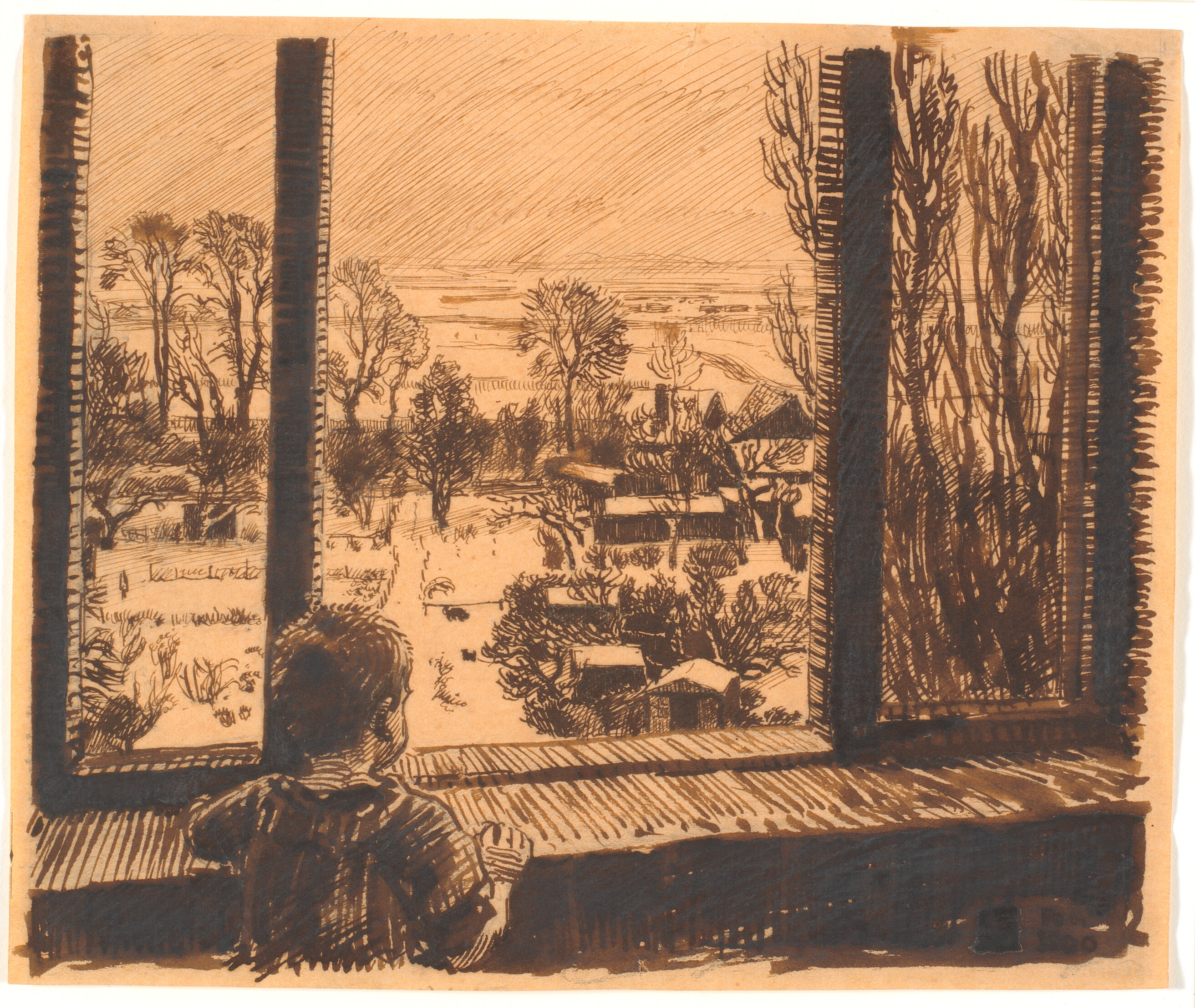 En dreng ved et vindue med udsigt mod have og mark