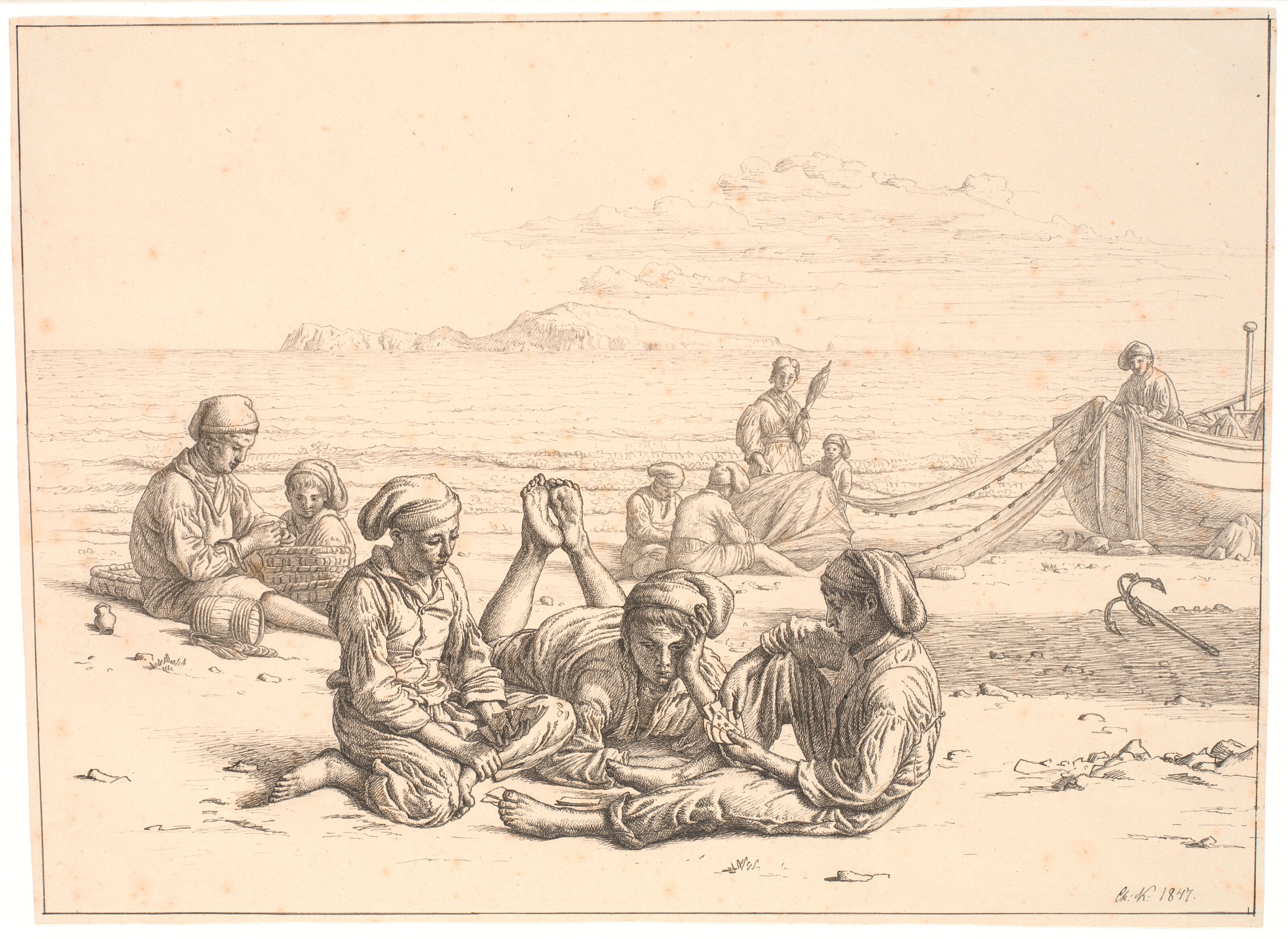 Neapolitanske fiskerdrenge som spiller kort. Flere fiskere er beskæftiget med deres net. I baggrunden ses Capri