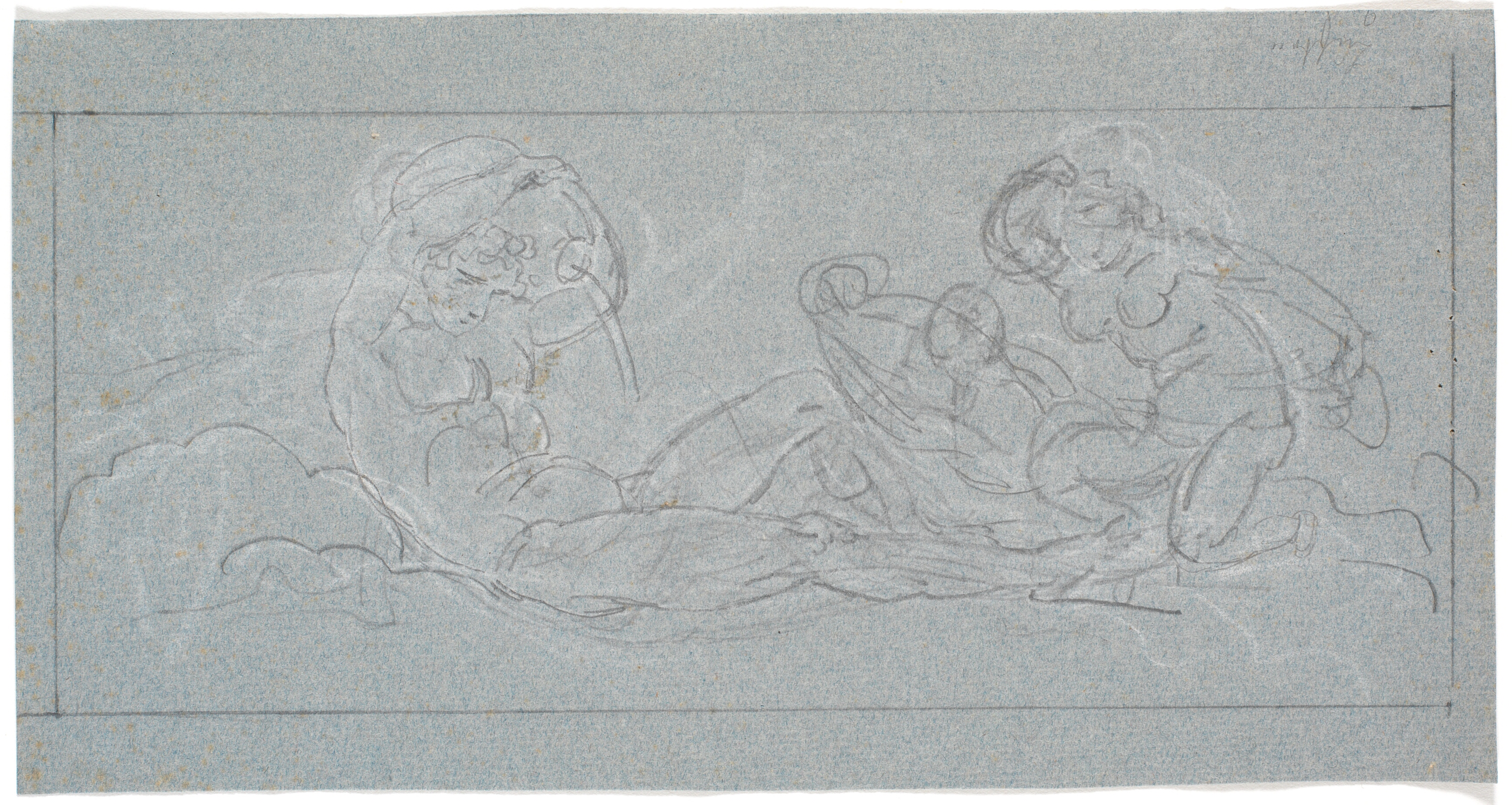 Udkast til dørstykke. En liggende yngling hælder vand ud af en krukke, til højre havnymfer