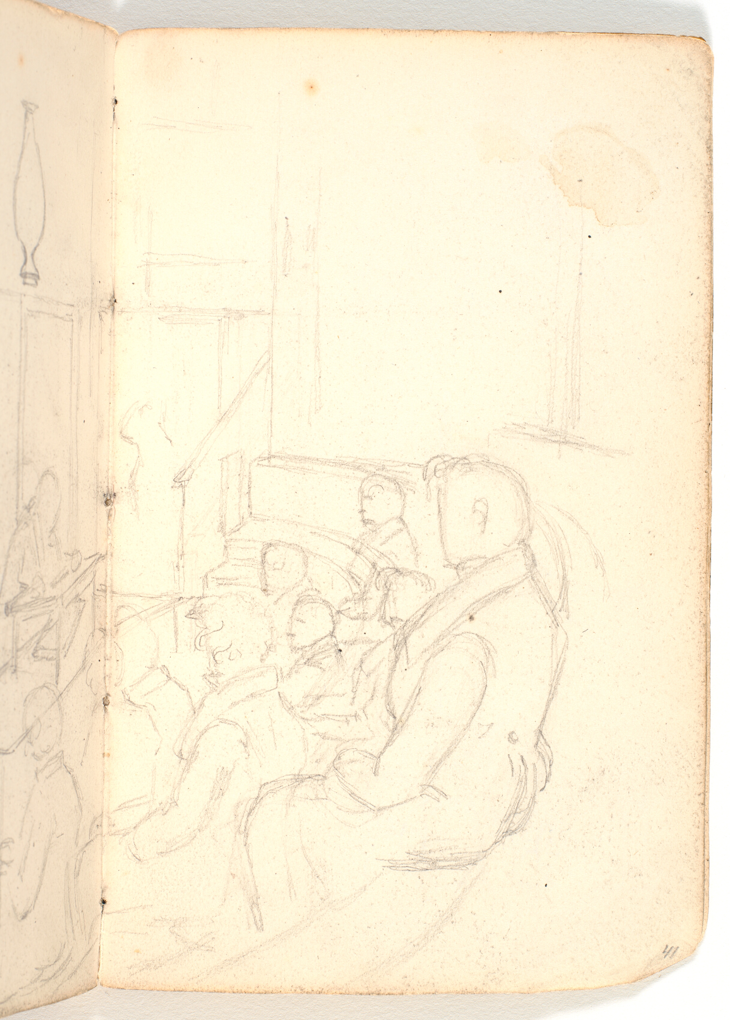 Auditorium med oplæser og tilhørere samt rids af palme og vase