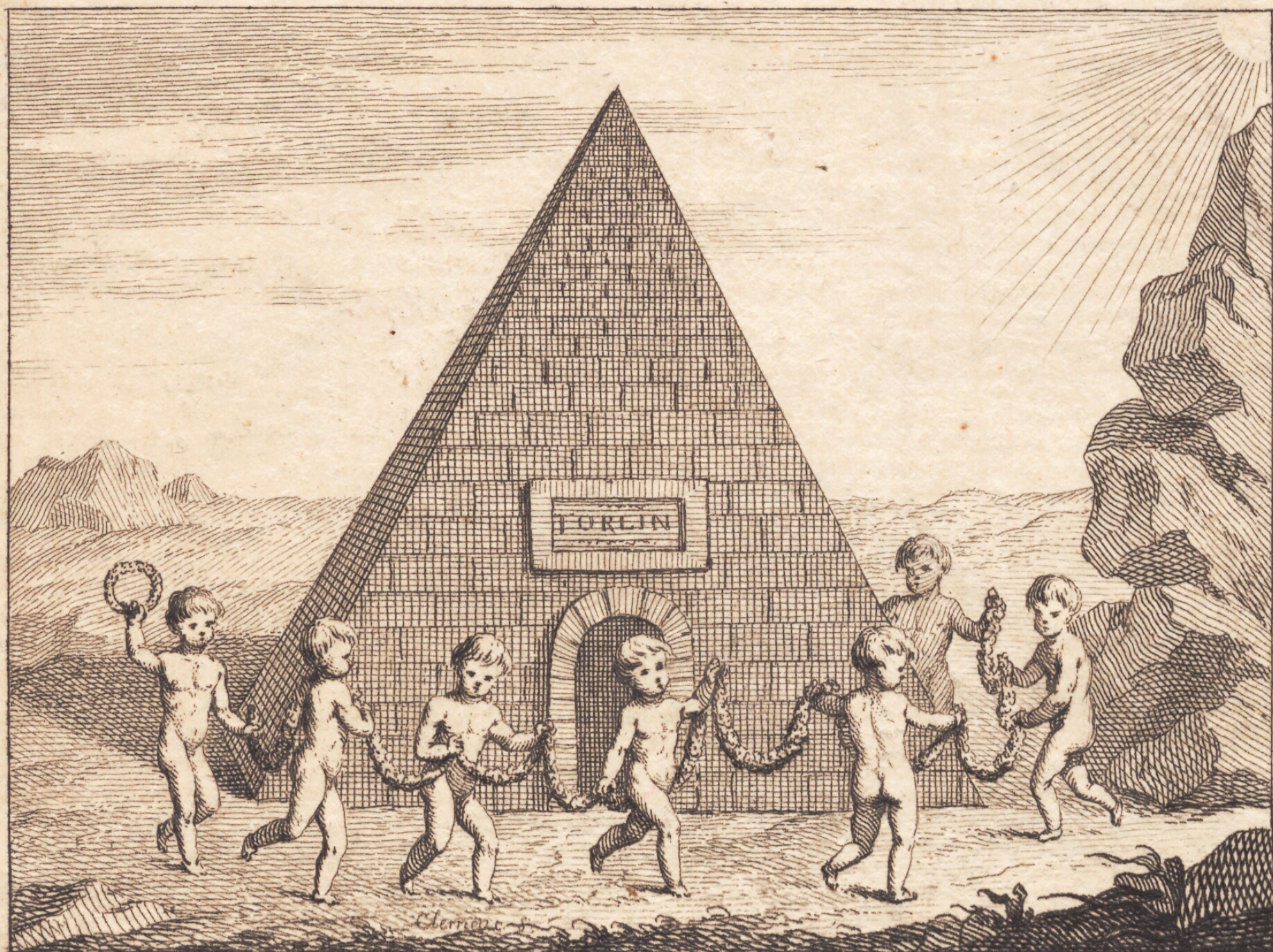 Syv børn danser foran pyramide