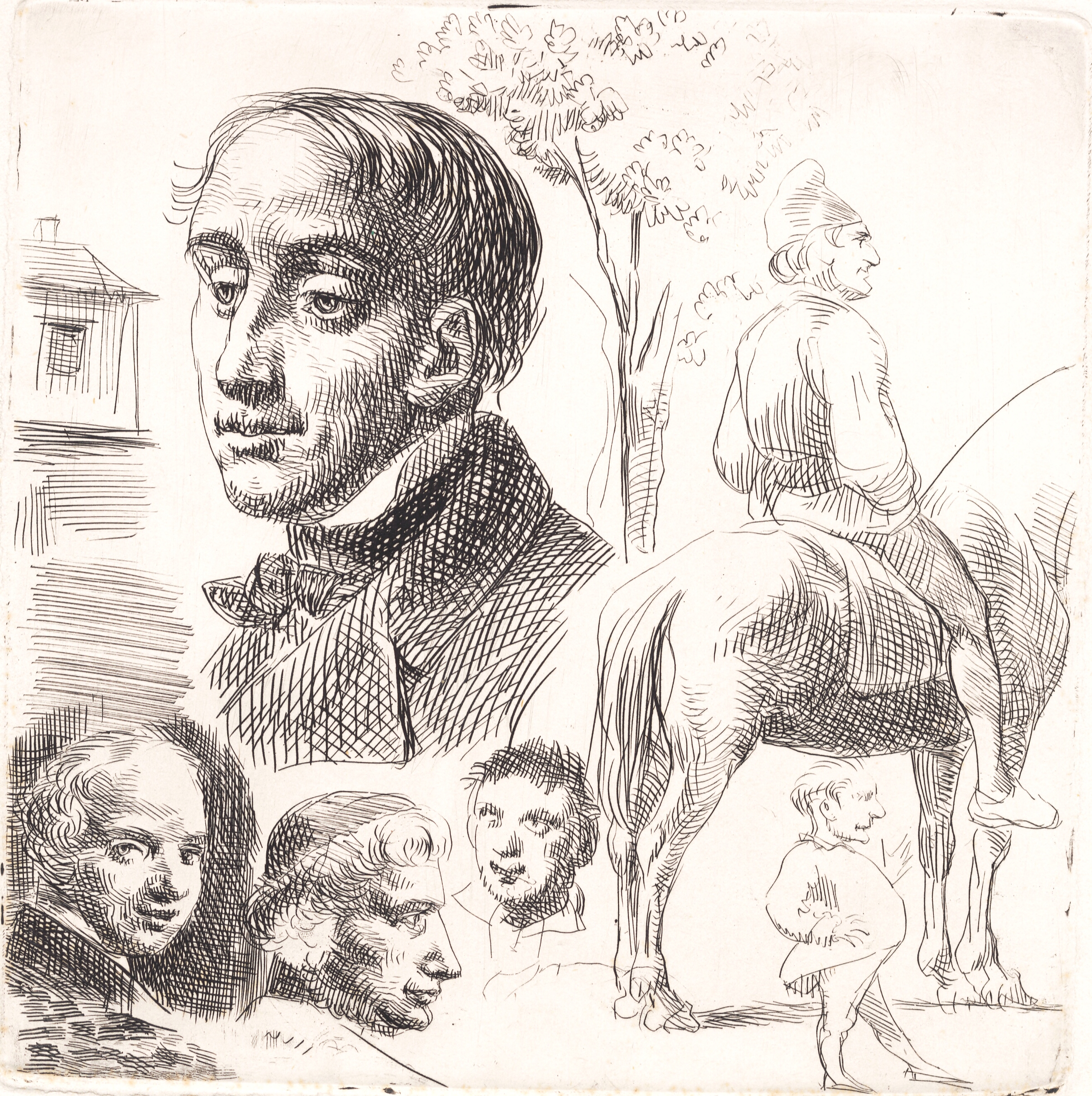 Prøveblad i stylografi med portræthoveder, bonde til hest m.m.