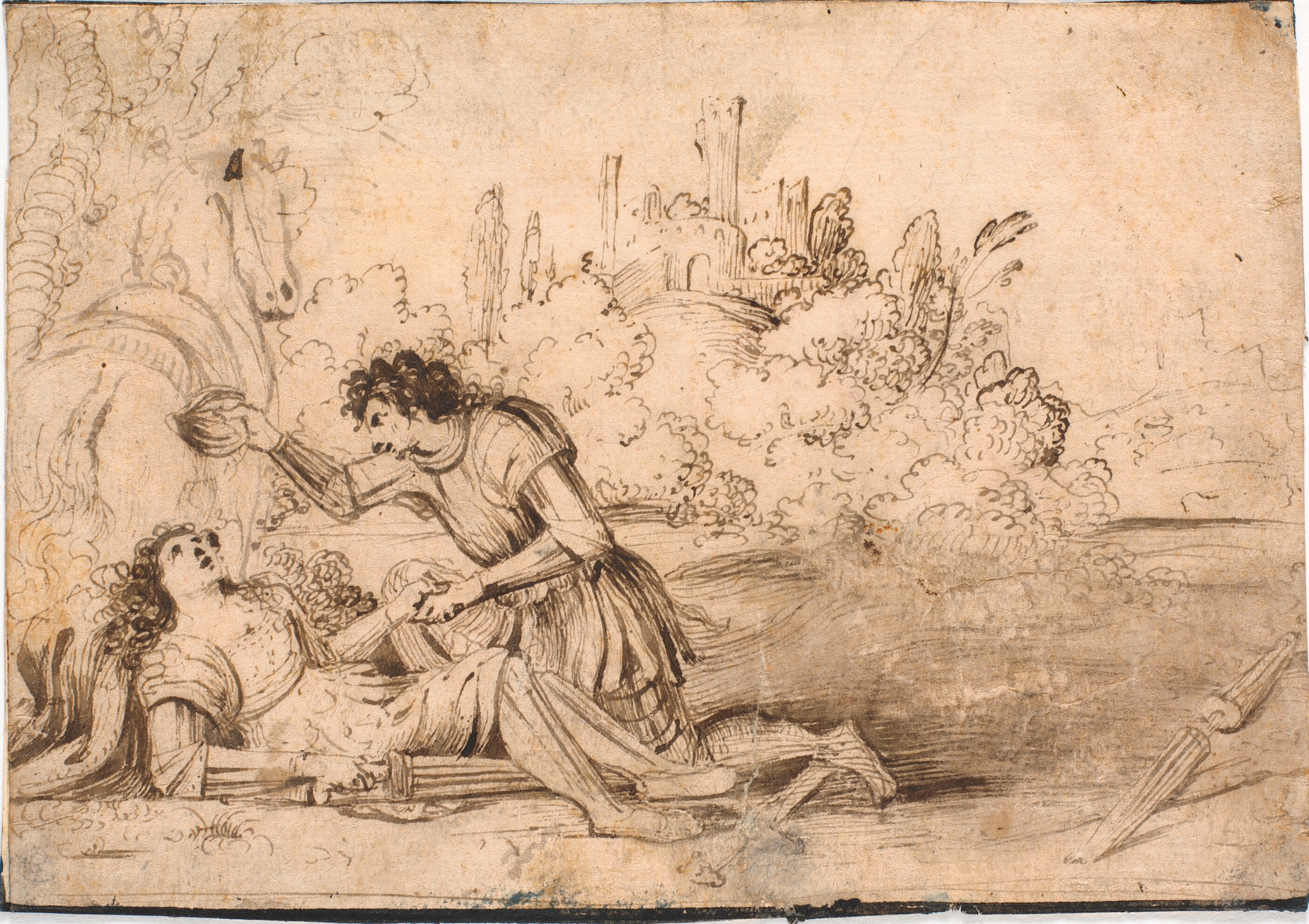 Knælende ridder plejer en liggende ridder, såret i turnering; t.v. en hest set bagfra, i baggrunden en borgruin på en høj