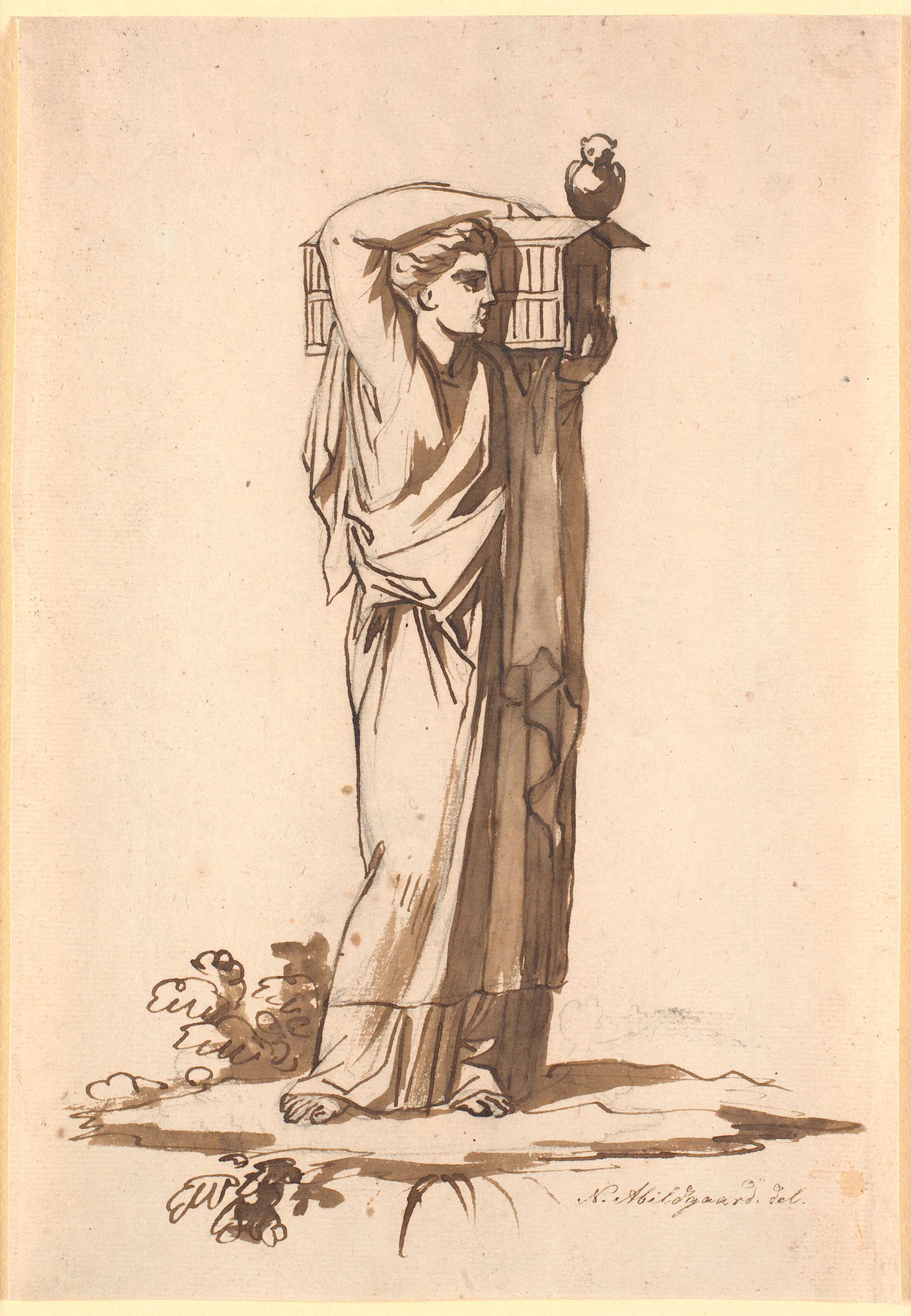 En kvindefigur bærende en ark på venstre skulder