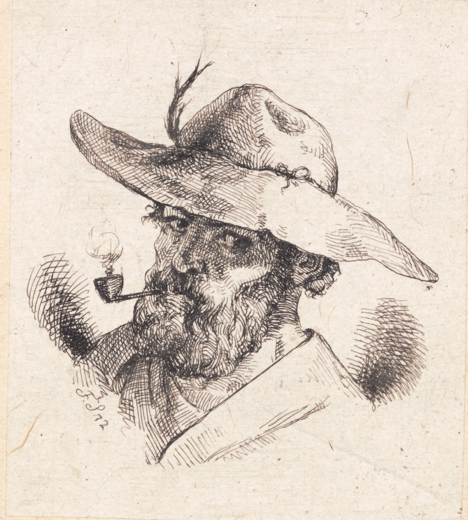 Hoved af en skægget mand med bredskygget hat og pibe