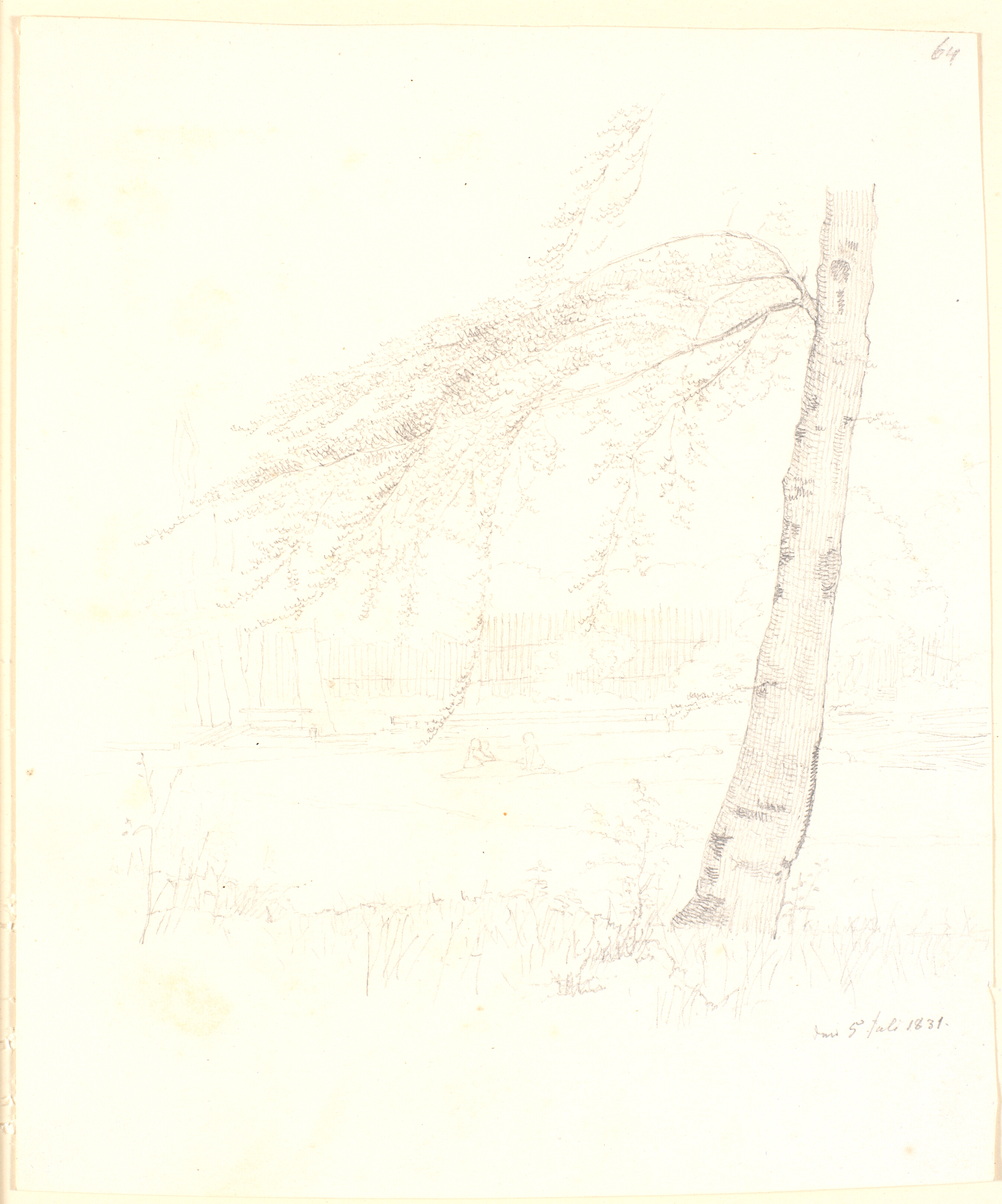 Fra en have, i forgrunden t.h. et træ