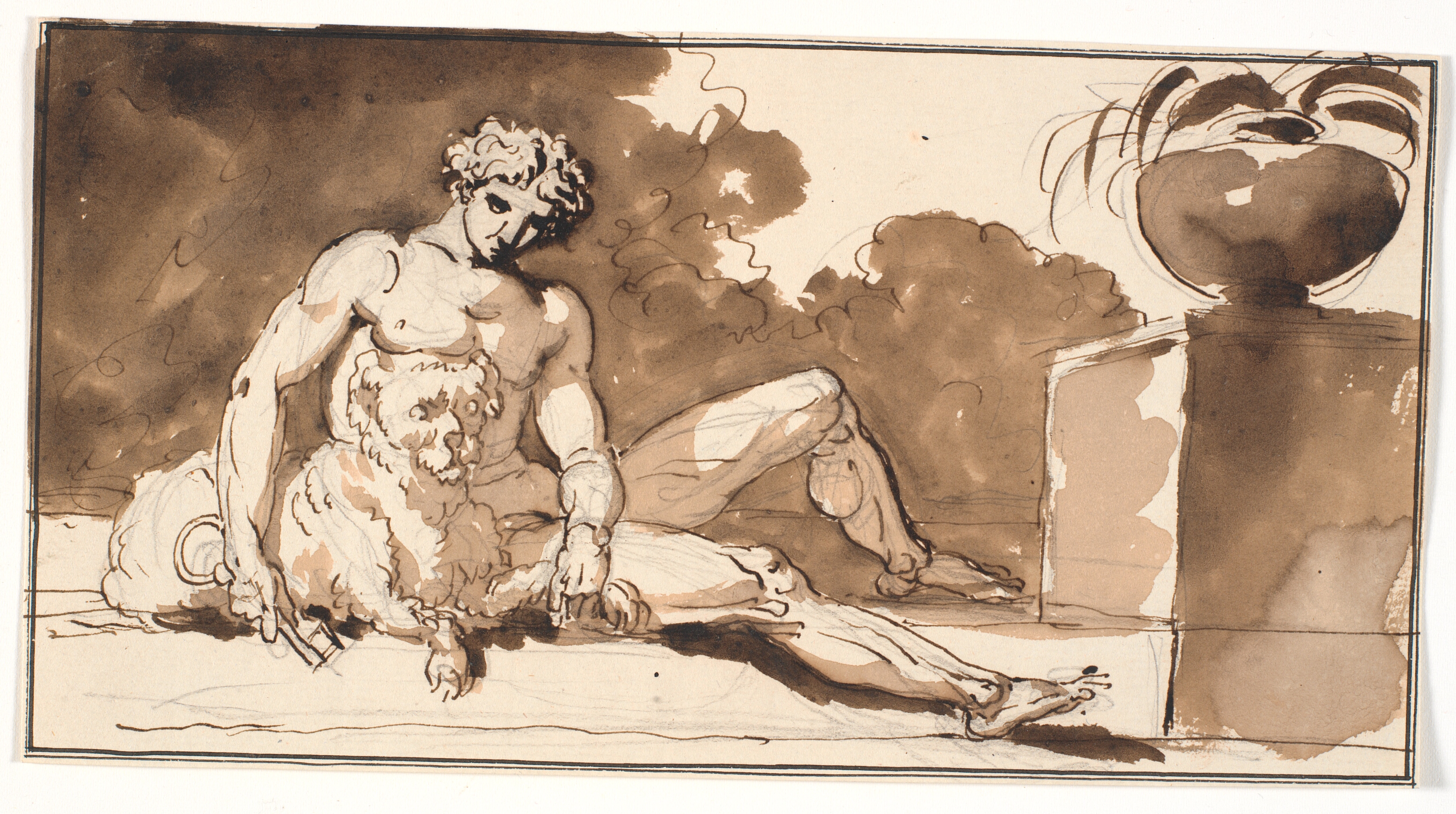 Siddende nøgen mand med en nøgle i hånden, en puddel og t.h. en agave