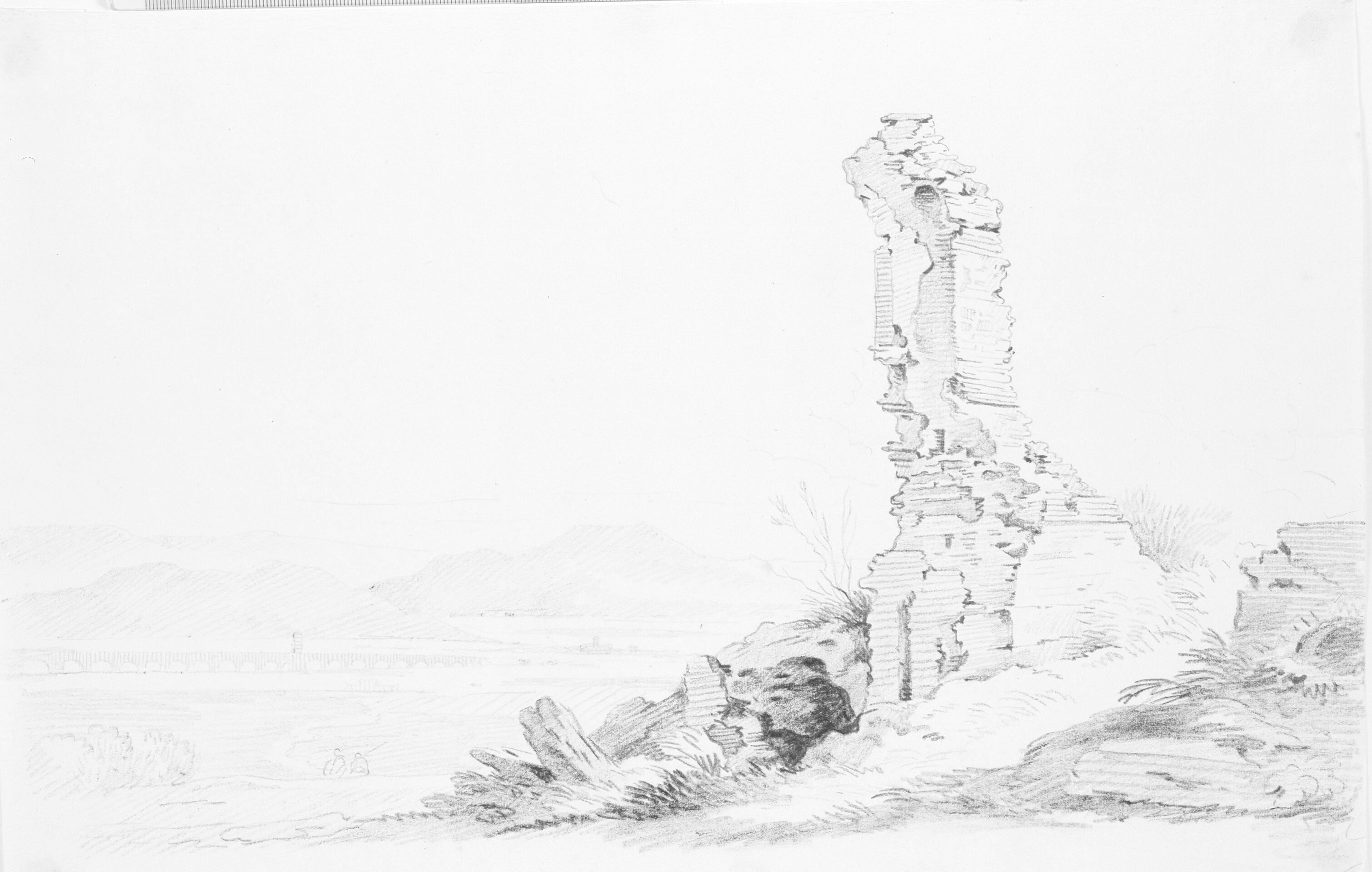 Ruin i forgrunden af landskab med akvædukt (Claudius' akvædukt, Monte Cavo i baggrunden).