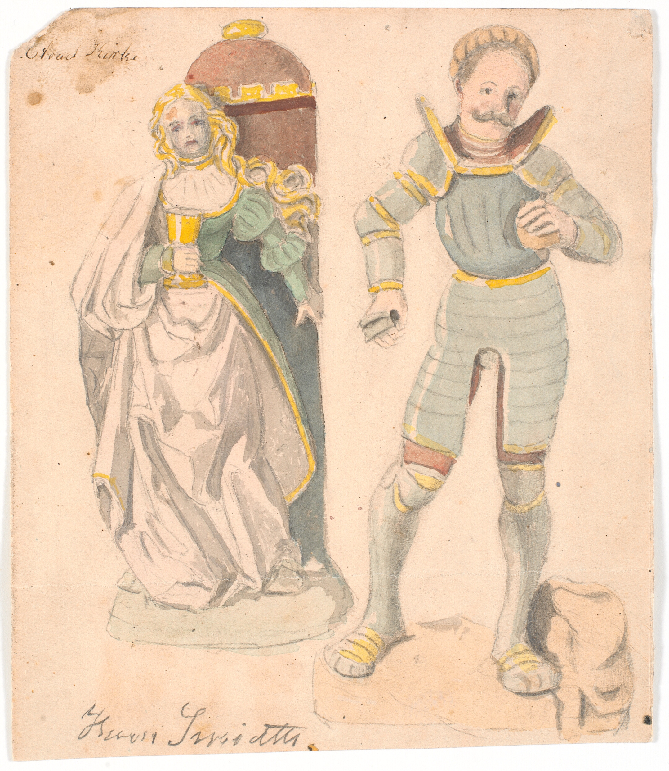 Studie med to figurer efter altertavlen i Estvad kirke, Ringkøbing amt