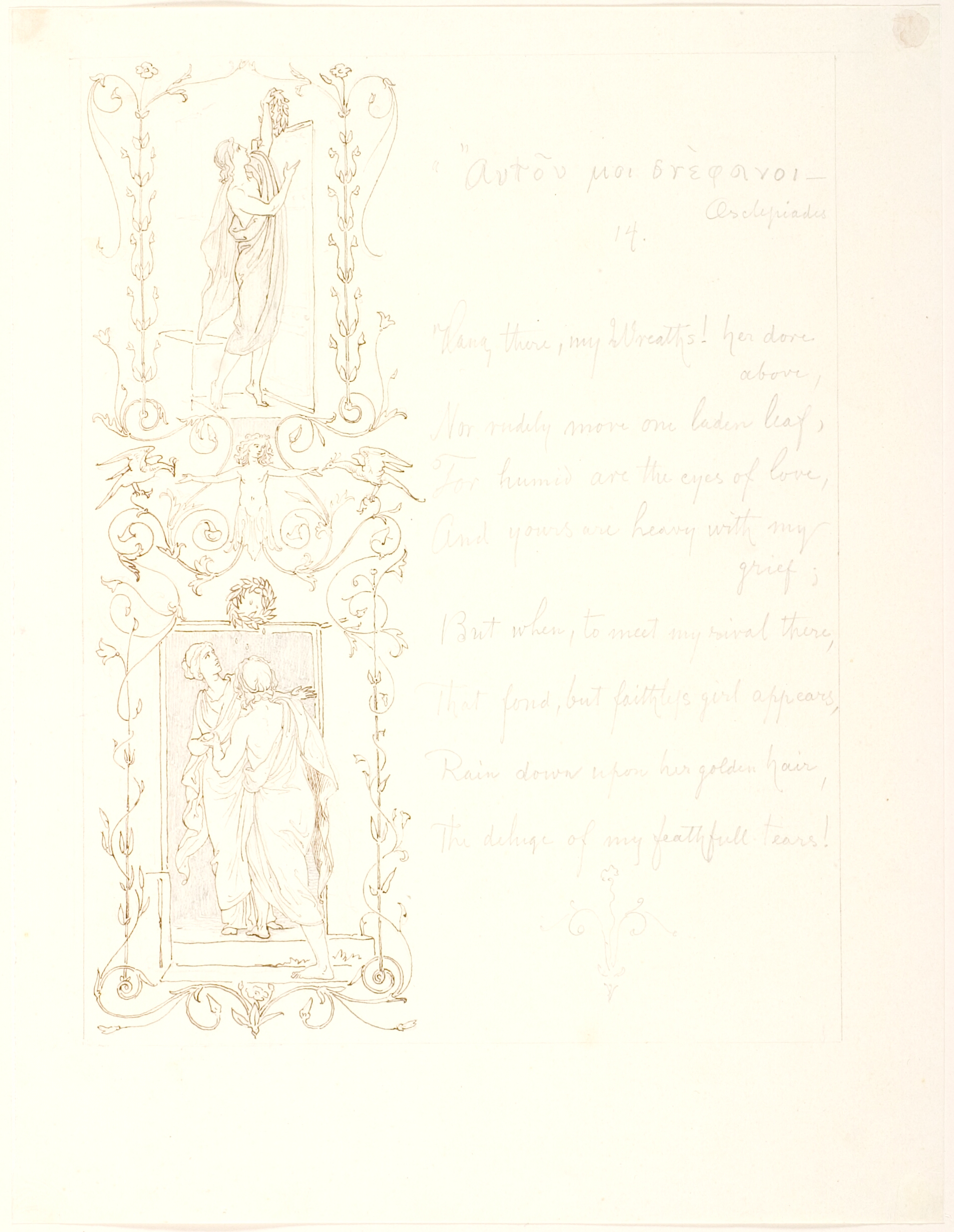 Den unge pige venter på sin elsker. F.o.: Kransen hænges op. F.n.: Gensynet