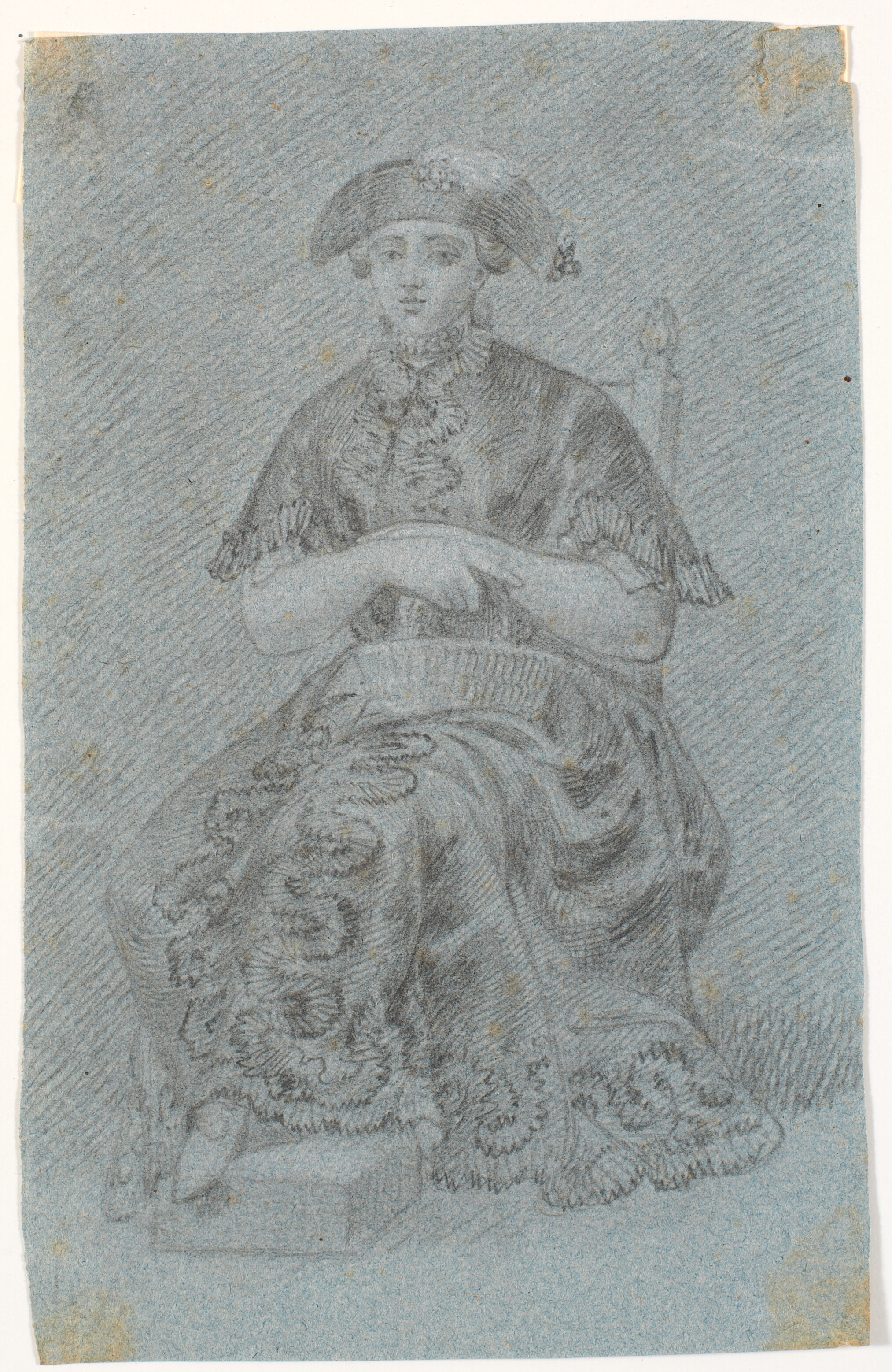 Siddende dame med hat. Kostumefigur?