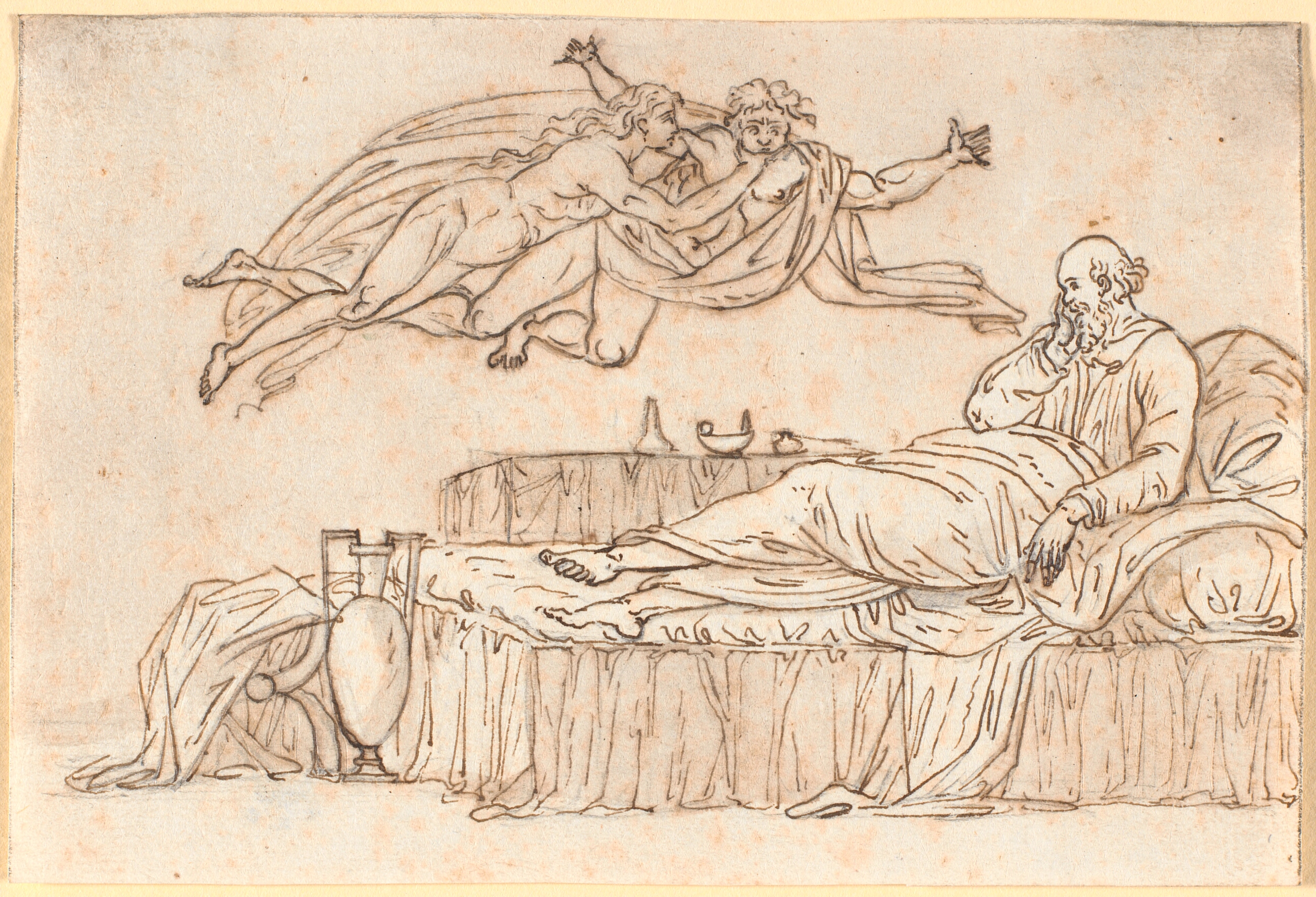 Sokrates hvilende på sit leje; i luften to svævende "daimoner"