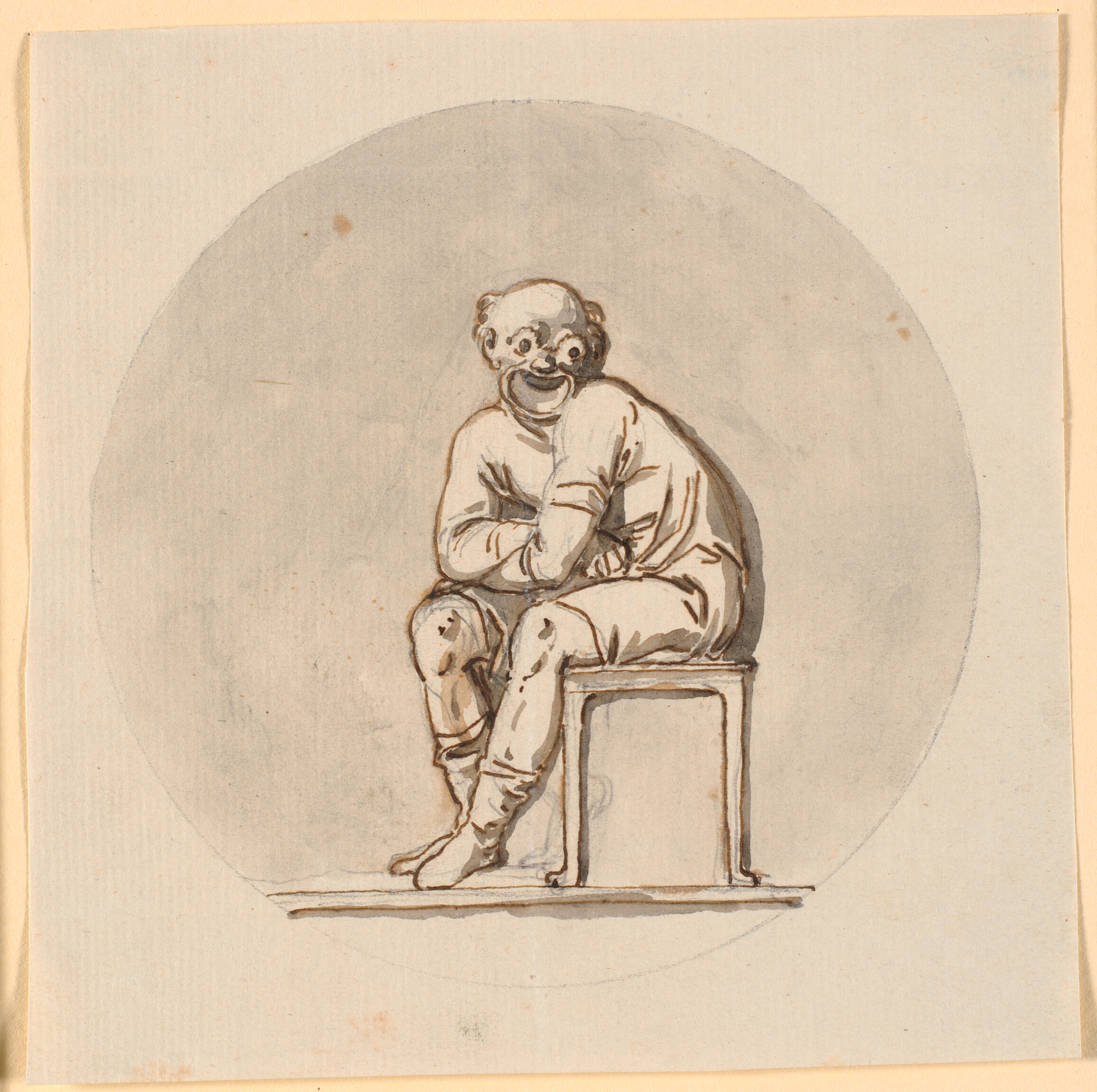 Siddende maskefigur, cirkelrundt indrammet. Udkast til dekoration i tehuset i Sorgenfri park