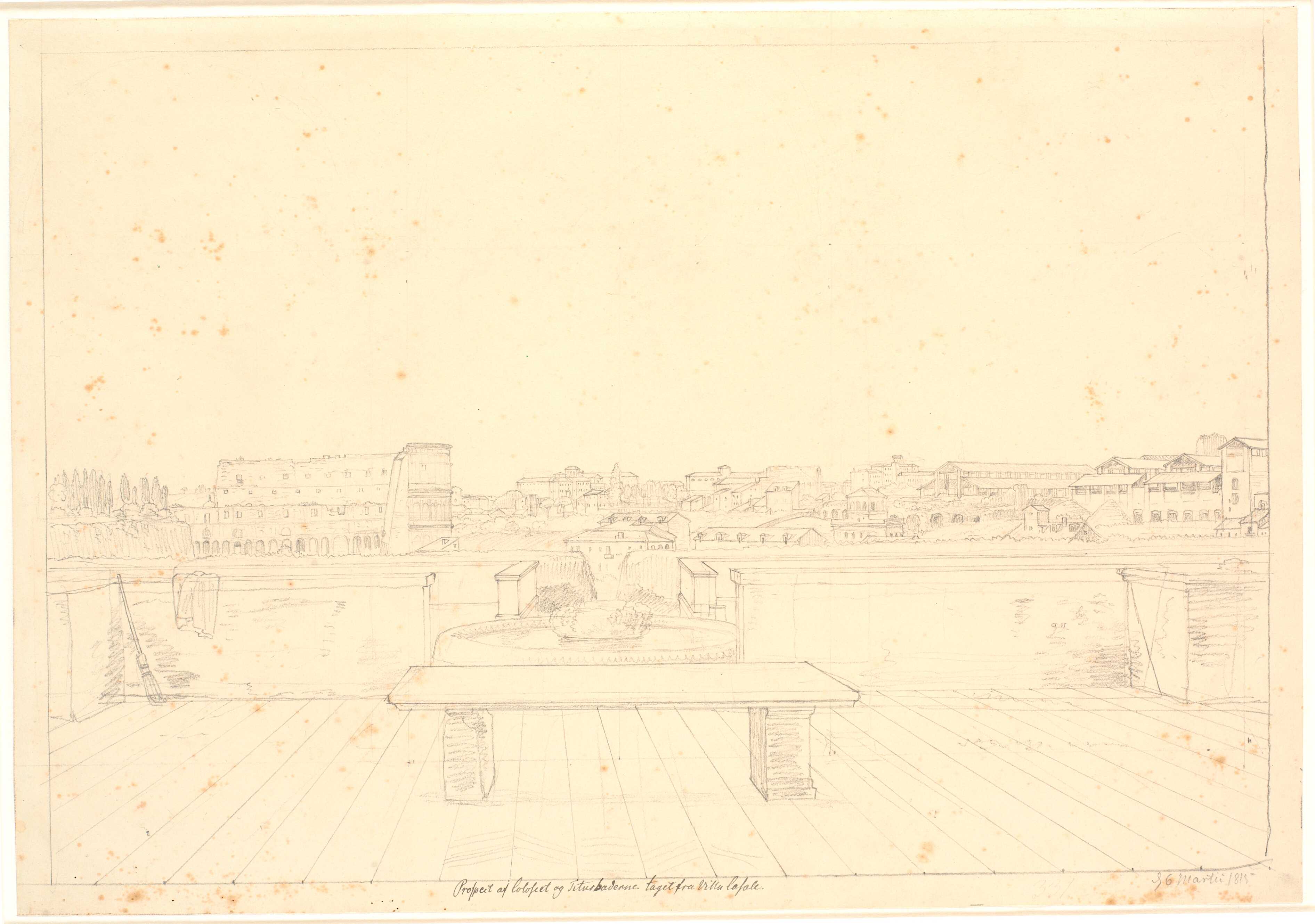 Udsigt fra den nu nedrevne Villa Casalis øvre terrasse mod Colosseum og Monte Esquilino, i baggrunden Quirinalet, Rom