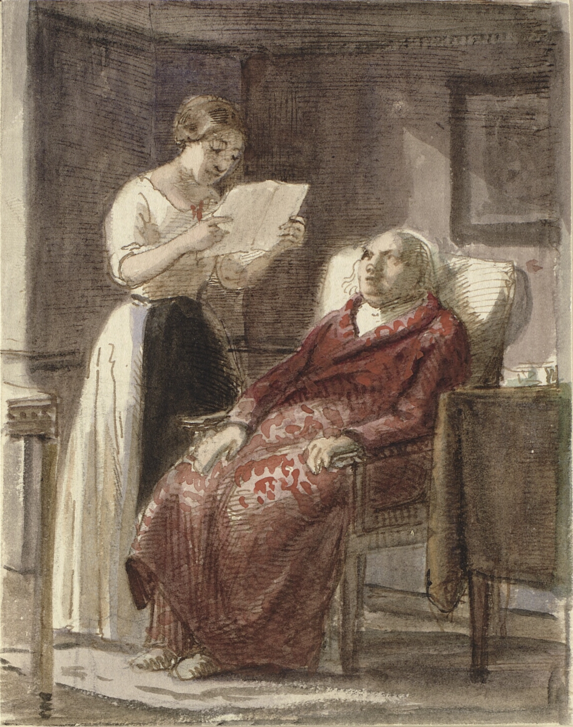 En ung pige læser et brev højt for en gammel mand i rød slåbrok