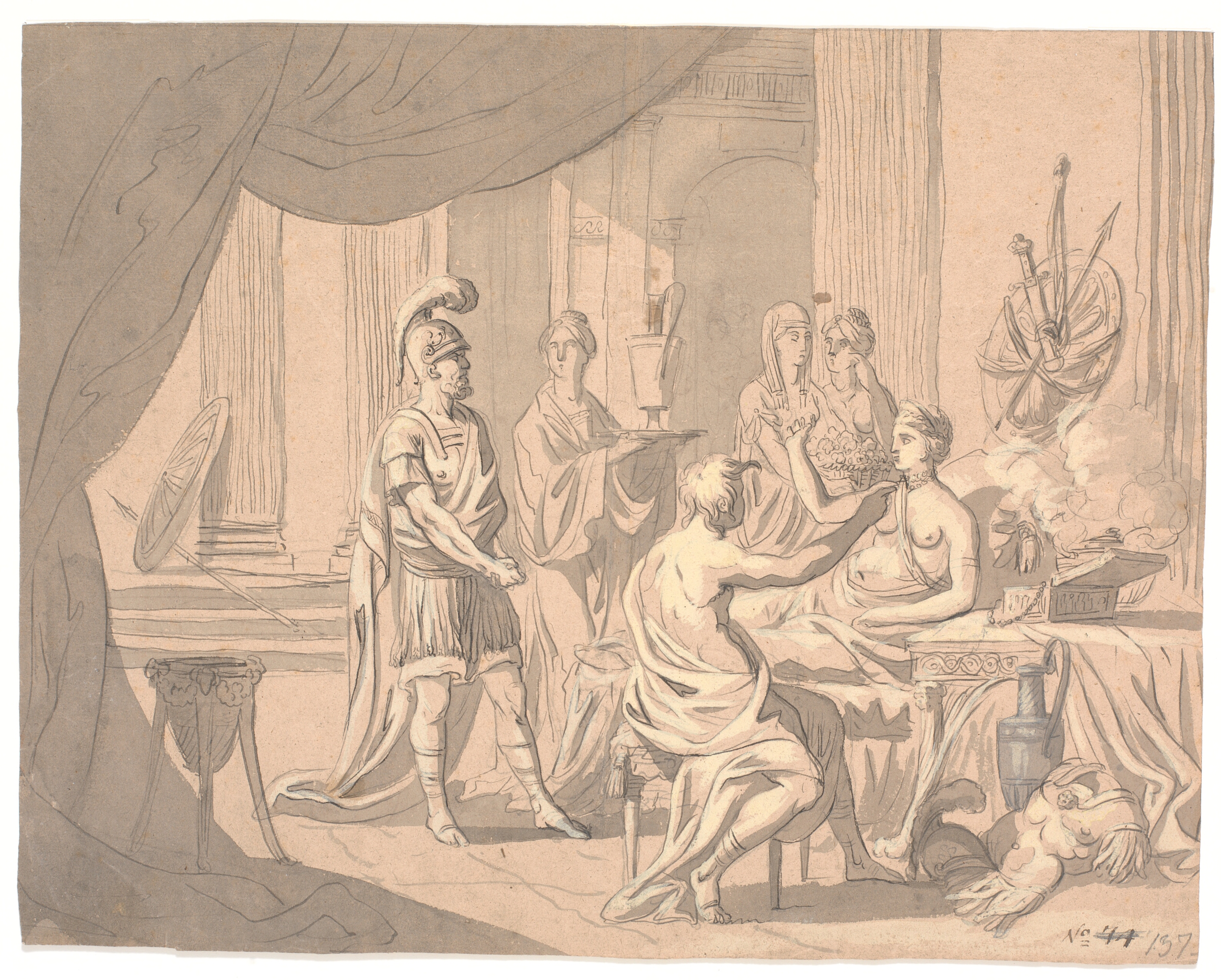 Antik scene. En fornem dame smykkes af andre damer foran en hjelmklædt kriger