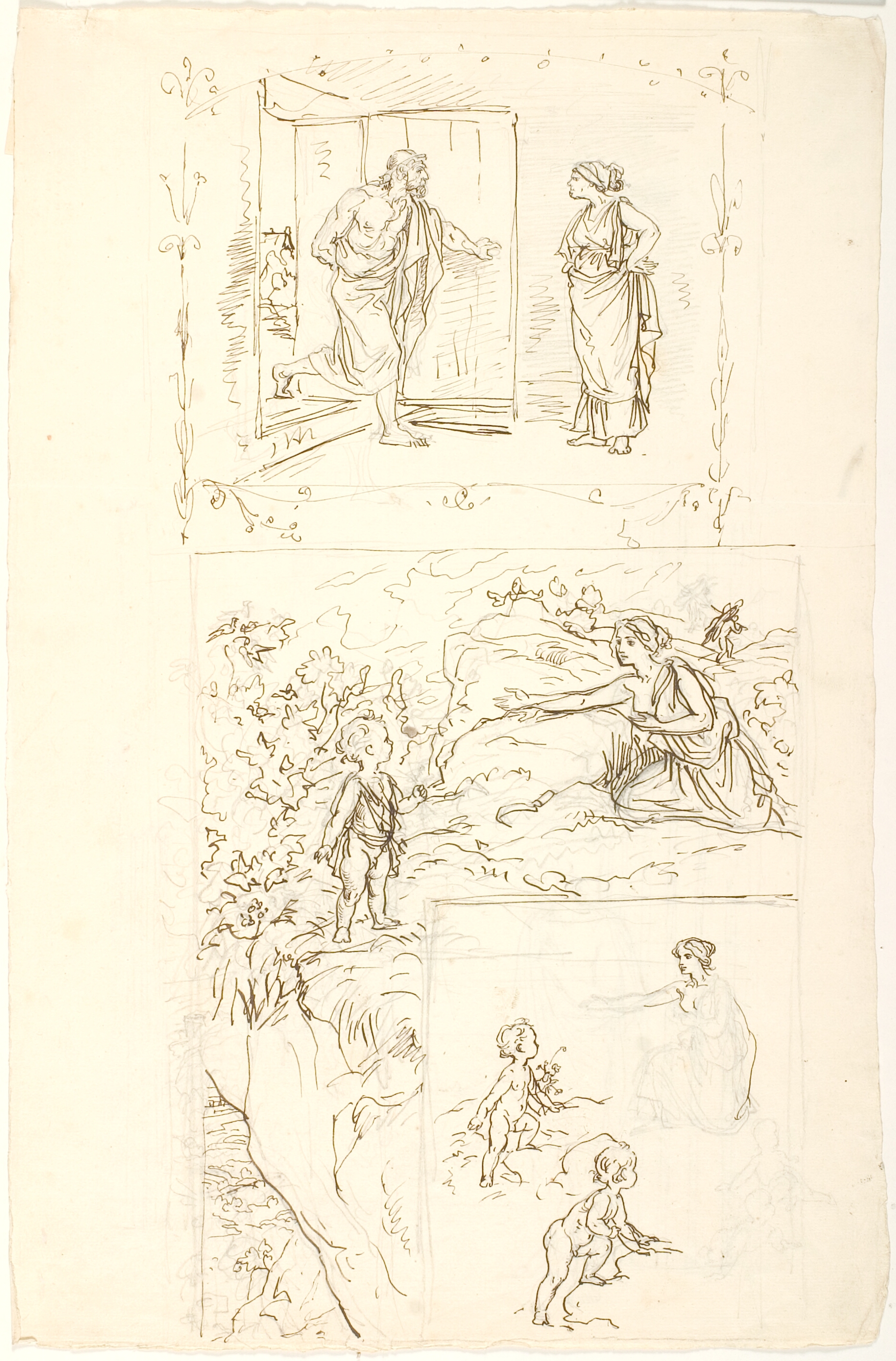 Illustration til humoreske af Makedonios "Just som jeg gik og tænkte paa, hvor rart det ville være, om min kone ville lægge sig til at dø..." F.n.: Illustration til digt af Parmenion. Moderen, der lokker barnet til sig ved at vise det sit bryst