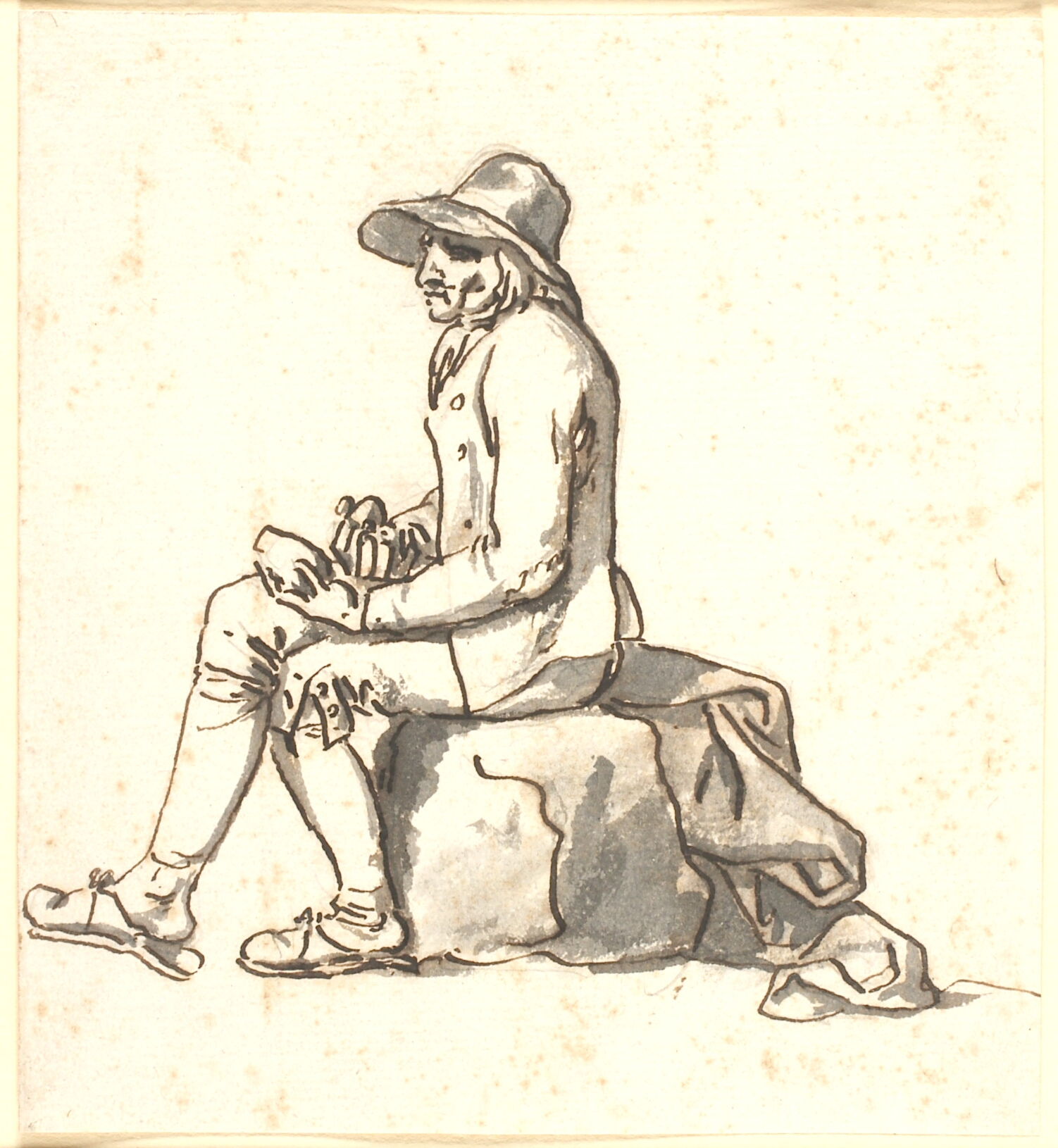 Siddende bondemand i profil mod venstre