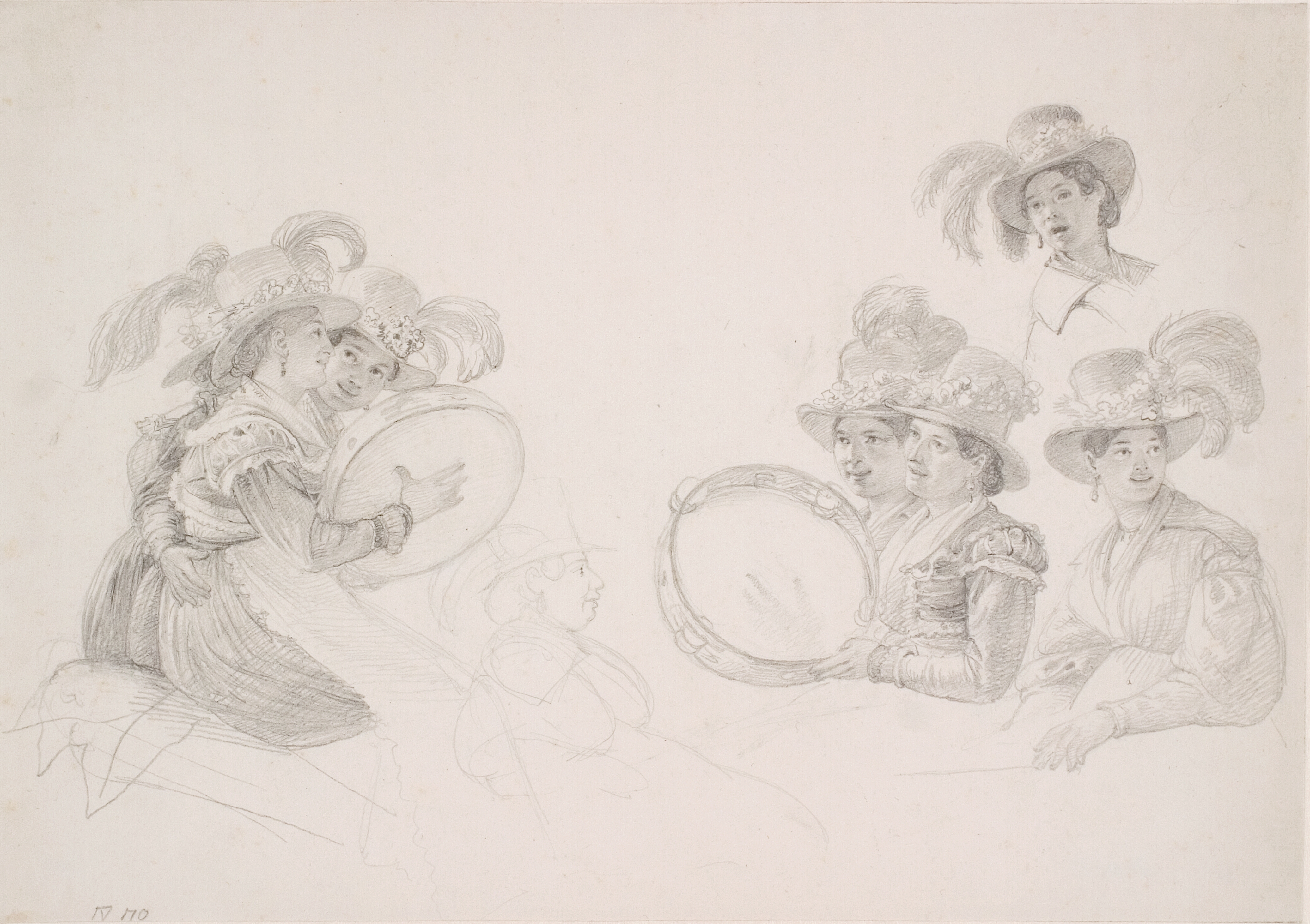 Tamburinspillende romerinder med høje fjerprydede hatte