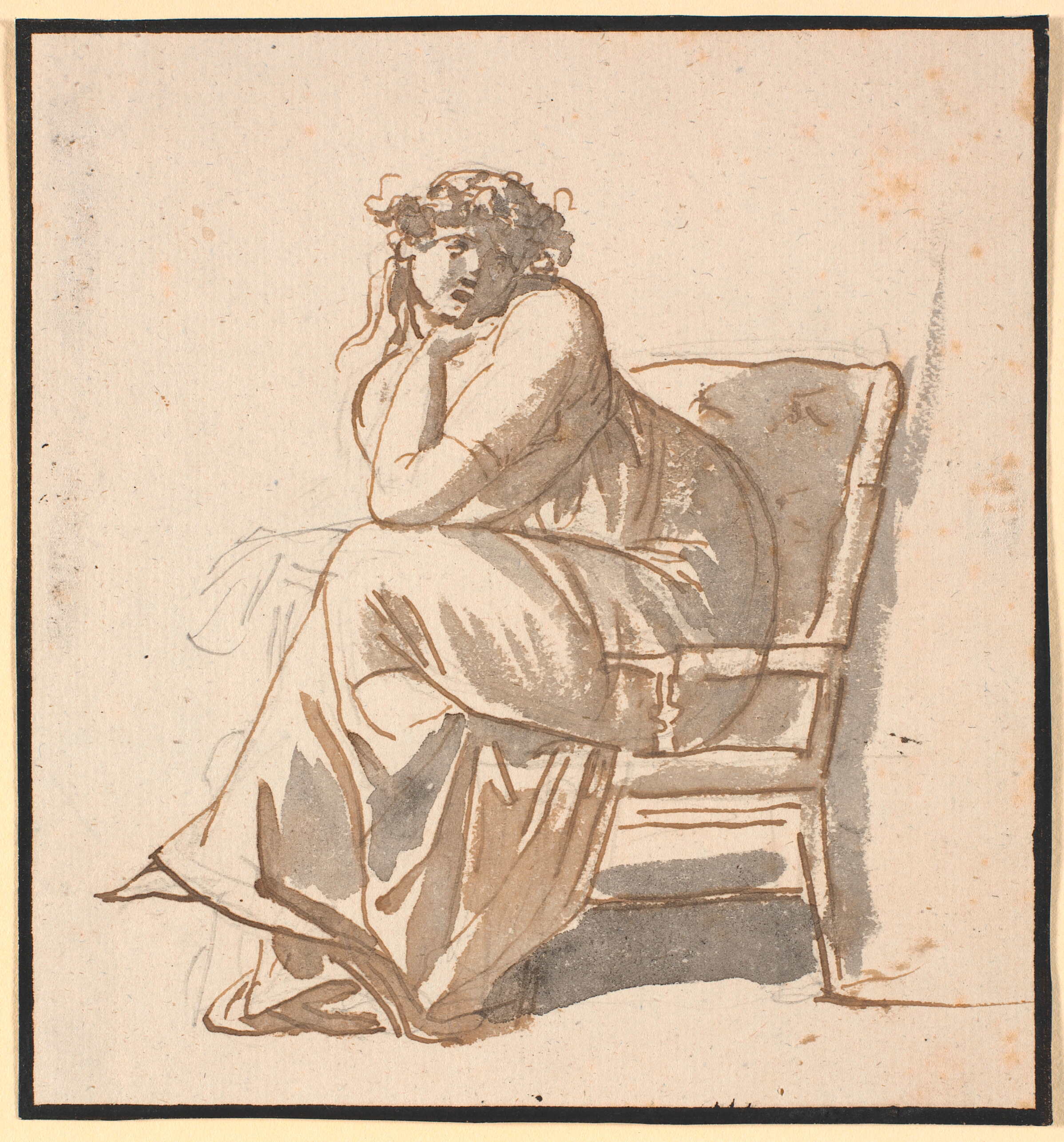 Profilbillede af kunstnerens anden hustru Juliane Marie Abildgaard f. Ottesen, frugtsommelig, siddende i en lænestol med hagen støttet på hånden og albuen på knæet