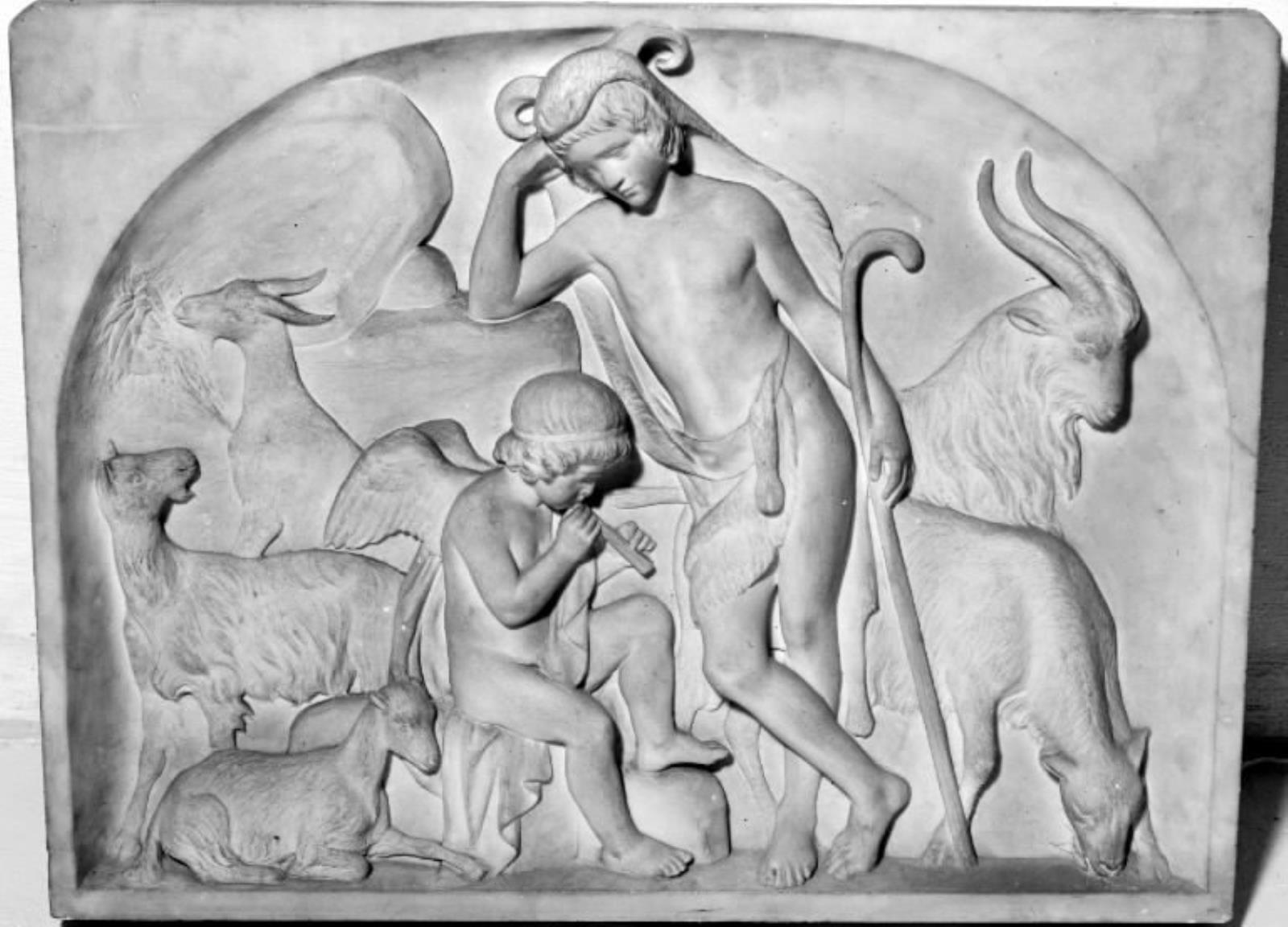 Hyrdescene. Siddende fløjtespillende vinget Amor og stående hyrdedreng, omgivet af geder