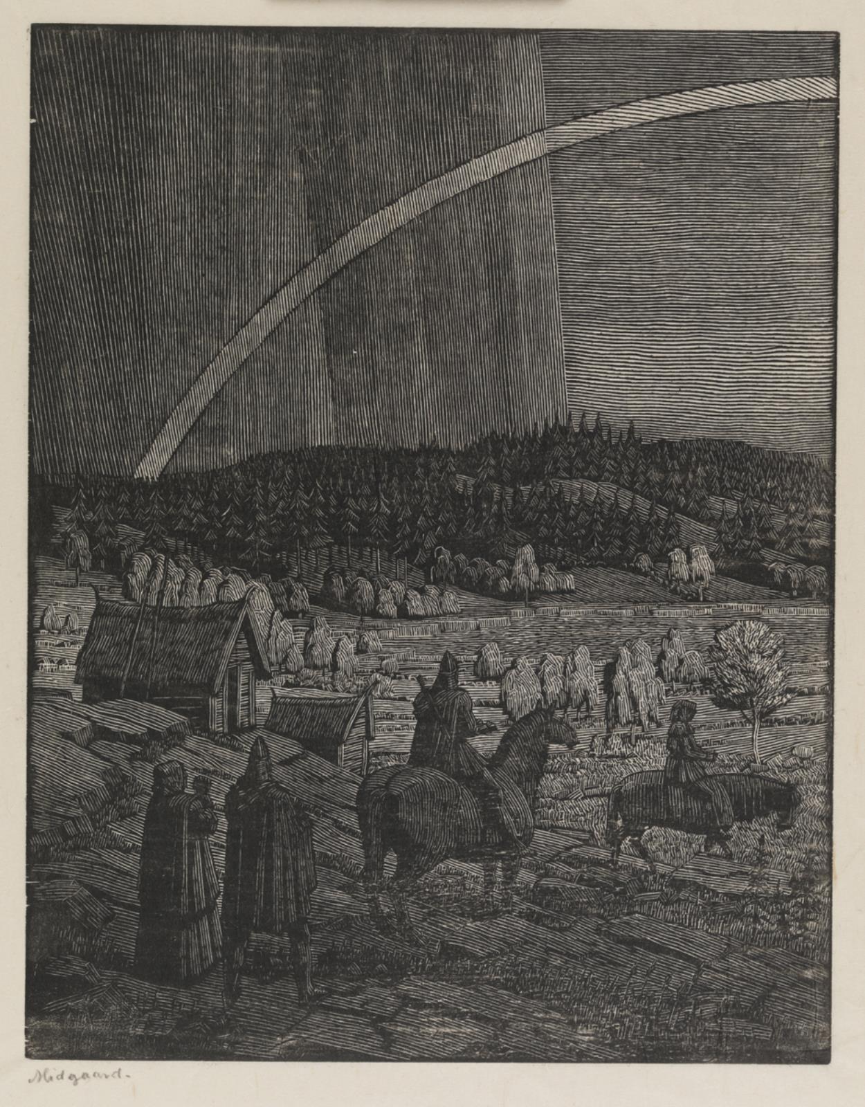 "Midgaard". Venstre halvdel af dobbeltsidig illustration mellem vers 18 og 19 i "Vølvens Spaadom", Sigurd Vasegaard, 1957