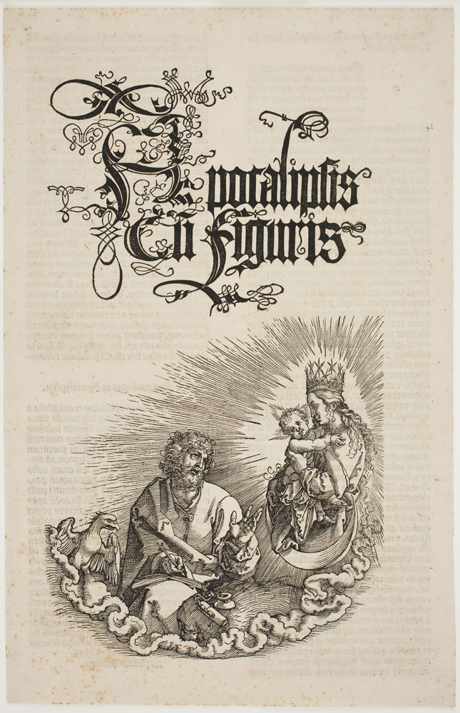 Jomfru Maria med barnet viser sig for Johannes. Titelblad til Johannes' Åbenbaring