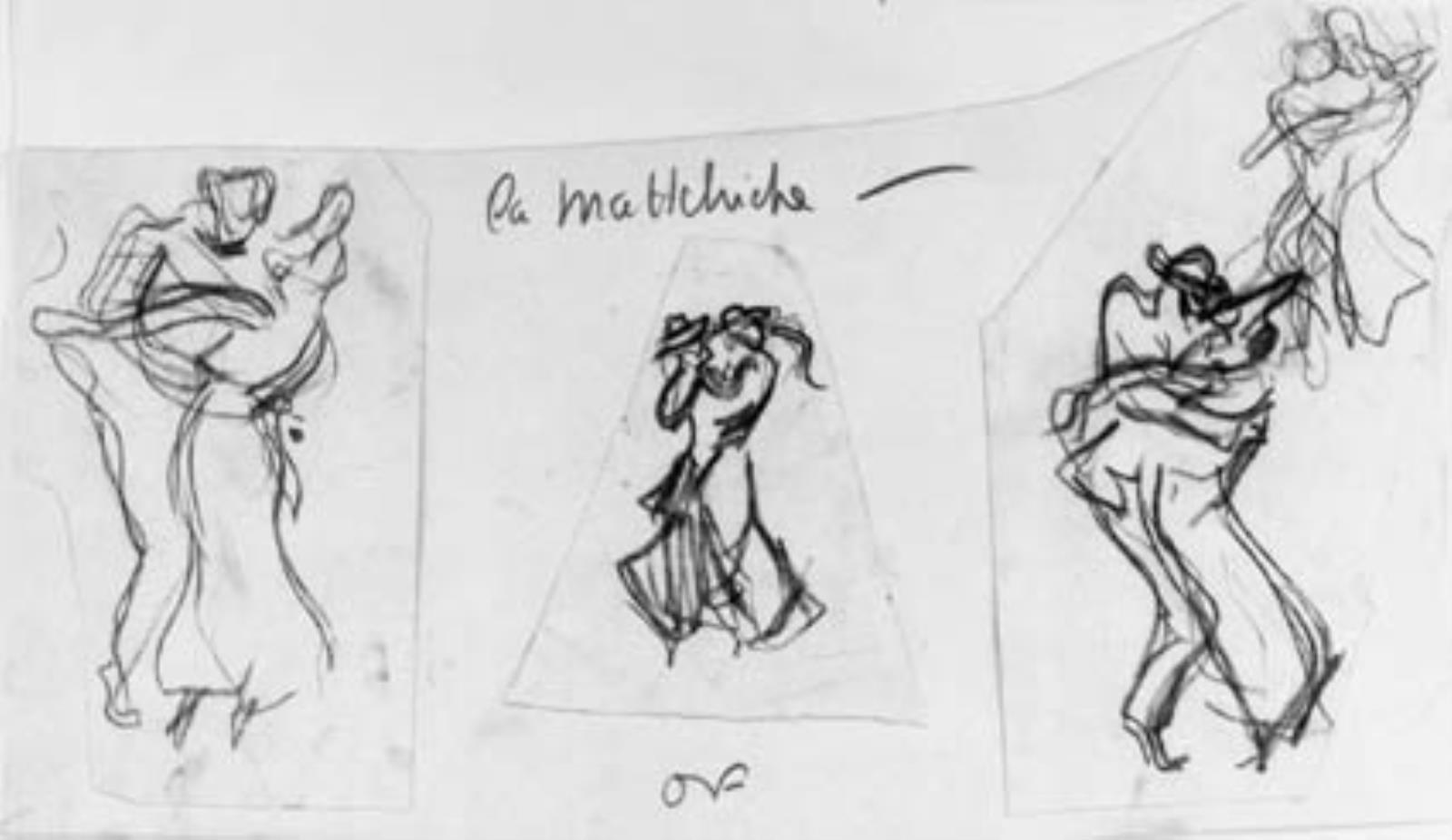 Tre studier på tre separate stykker papir: dansende par på Moulin de la Galette, La Mattchiche