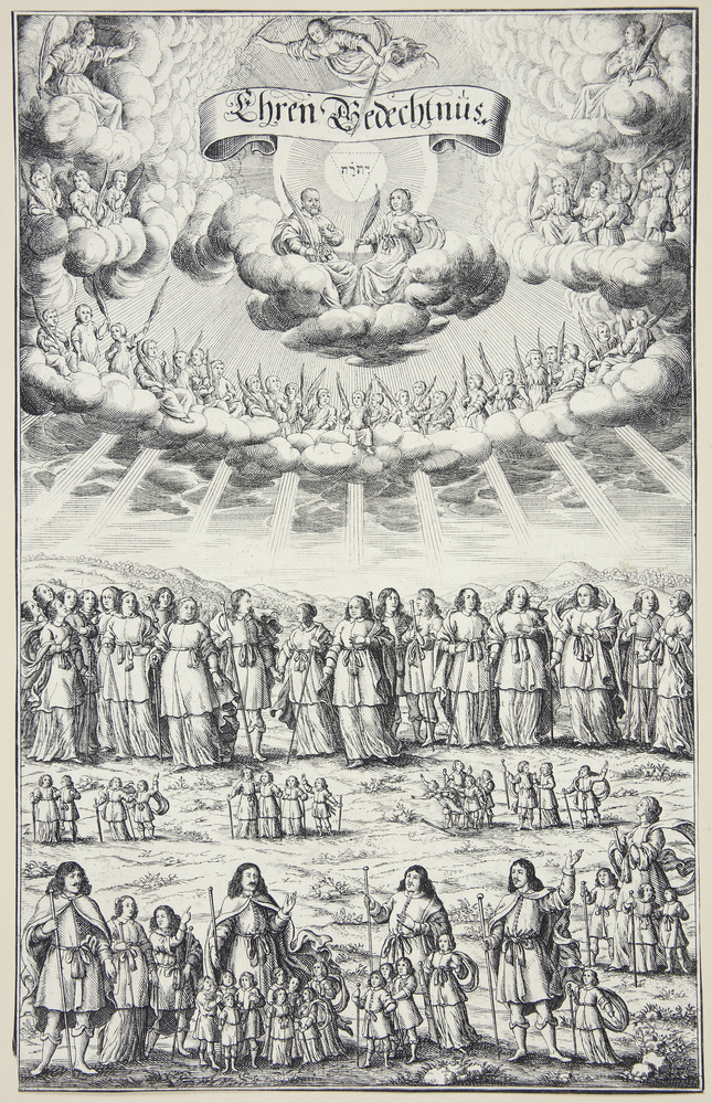 Forsamling af pilgrimme og i skyerne en mand og en kvinde med palmegrene, samt engle (Ehren gedechtnus)
