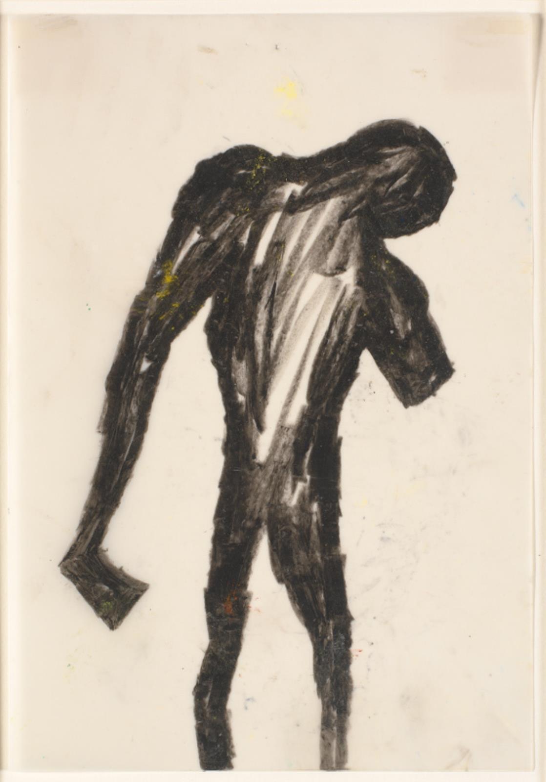 Tegning. Stående figur med økse og afhugget arm, Nina Sten-Knudsen, 1982