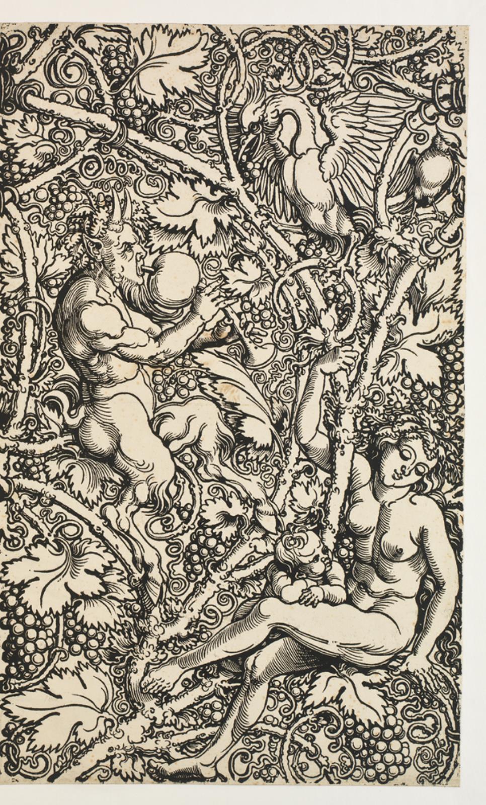 Højre del af tapetmodel med vinløv, to satyrer, to kvinder, to børn og to fugle