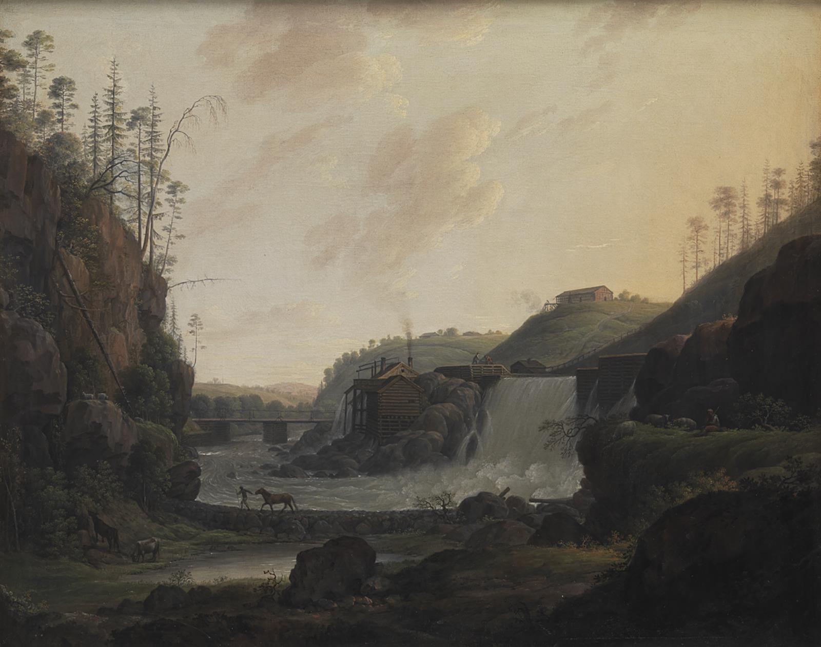 Flodlandskab med et vandfald nær Bogstad i Norge