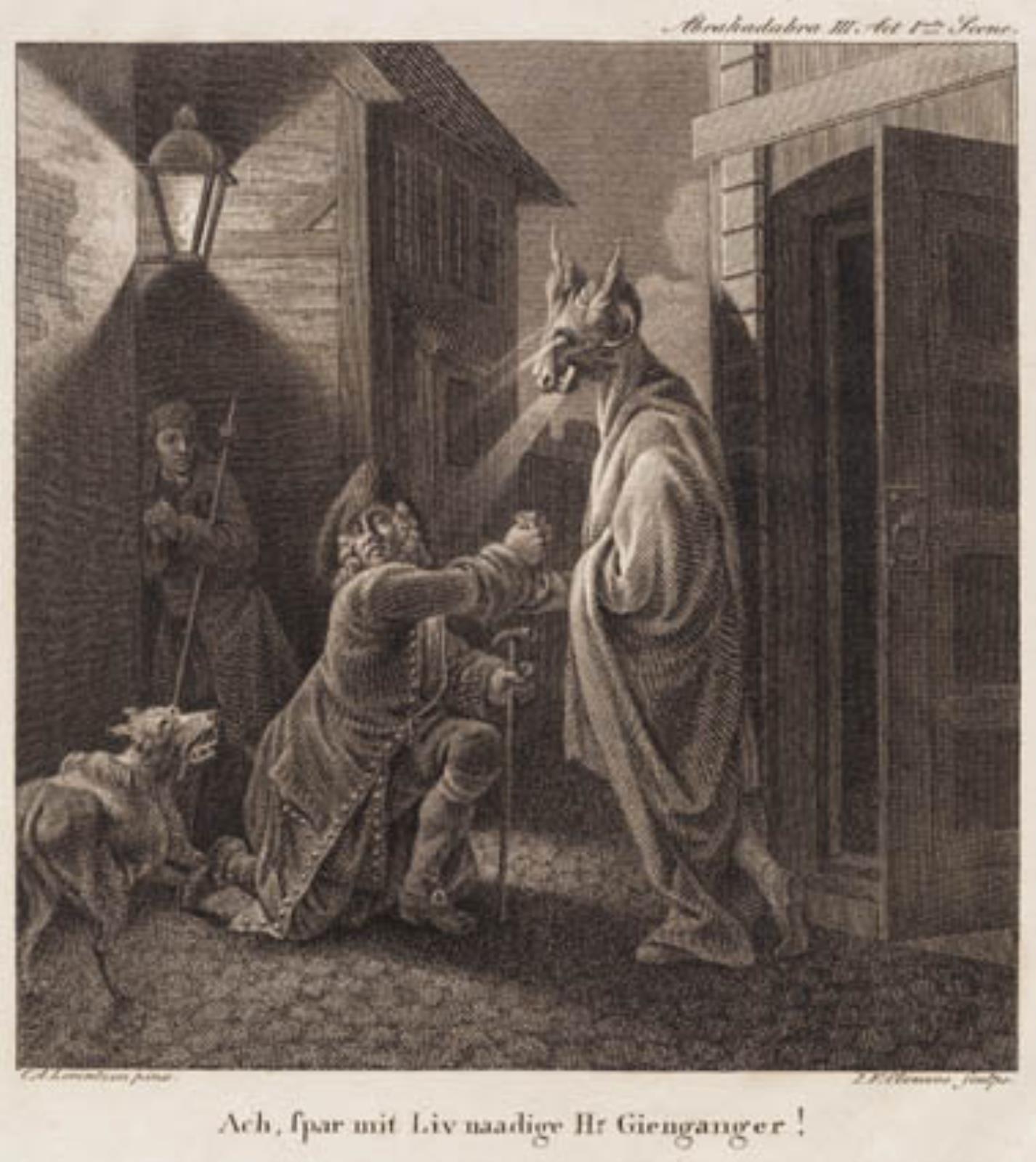 Abracadabra. Ach, Spar mit naadige Liv, Hr. Gienganger! Gravering efter Lorentzens Holberg Galleri.